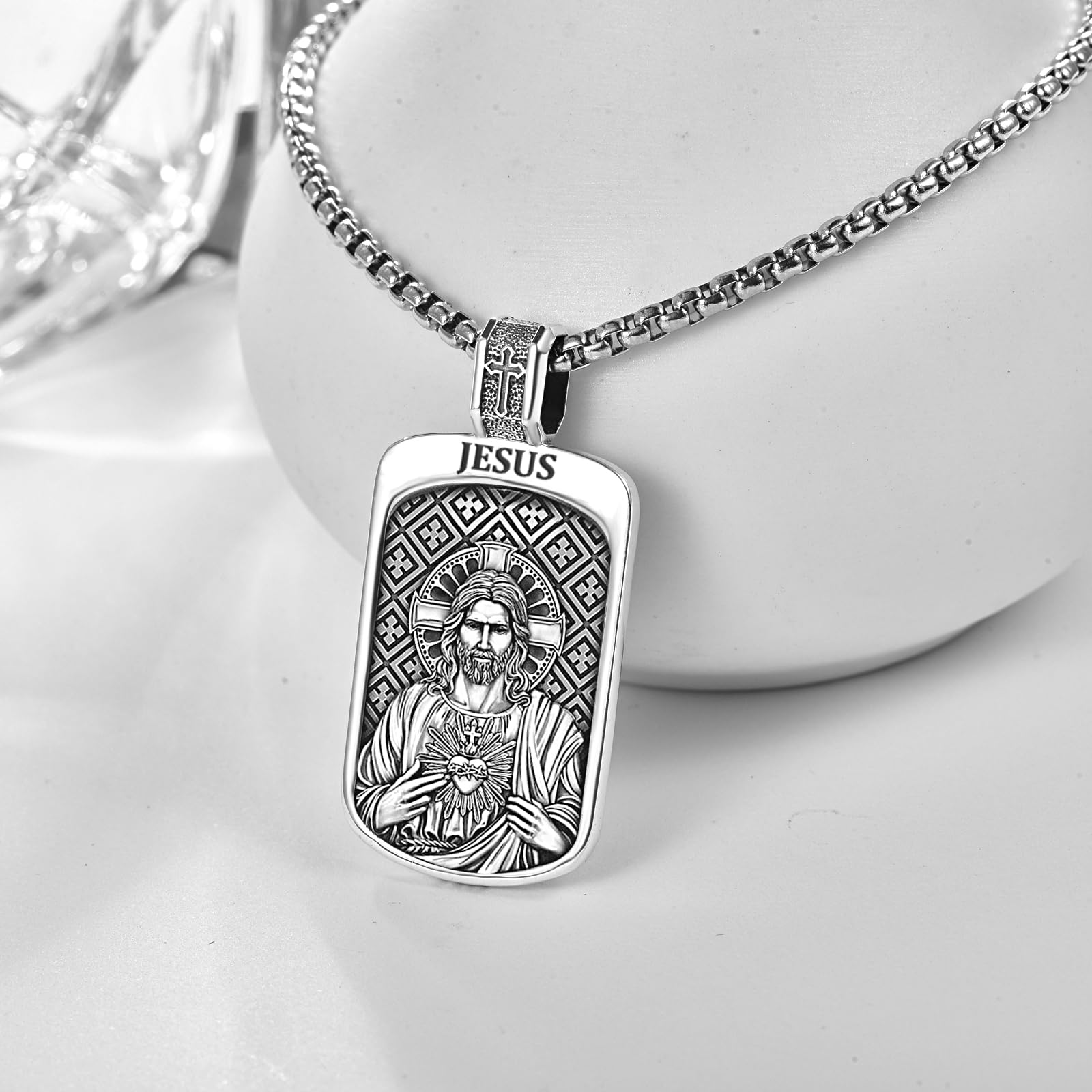 KINGWHYTE St Michael/St Christopher Halskette S925 Sterling Silber Saint Kette Schützen Anhänger Schmuck Graduierung Geschenke für Frauen Männer, Rechteck