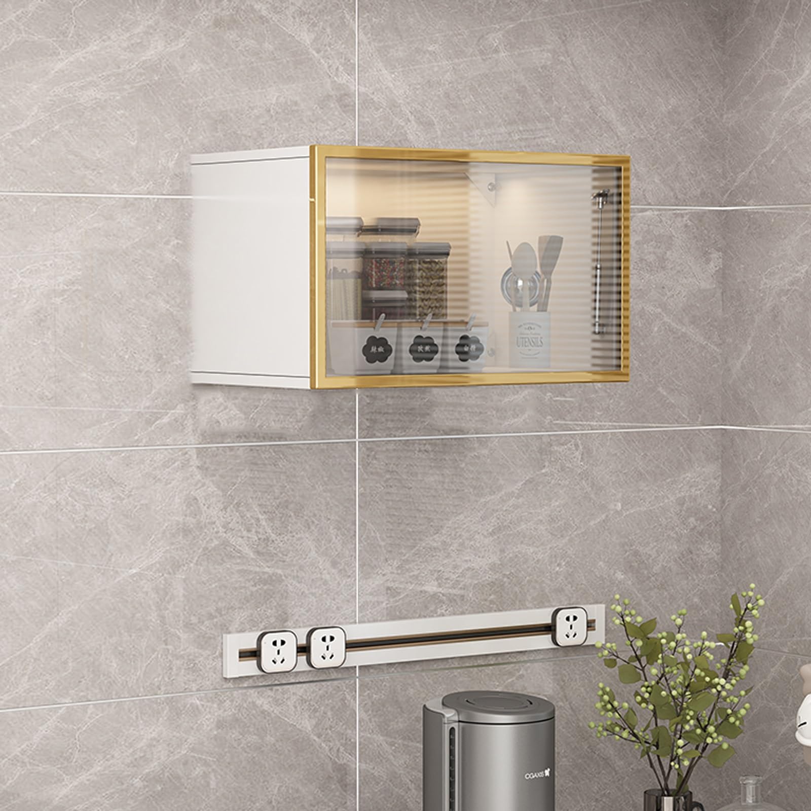 Vitrina de pared de cristal con luz y armario de madera suspendido