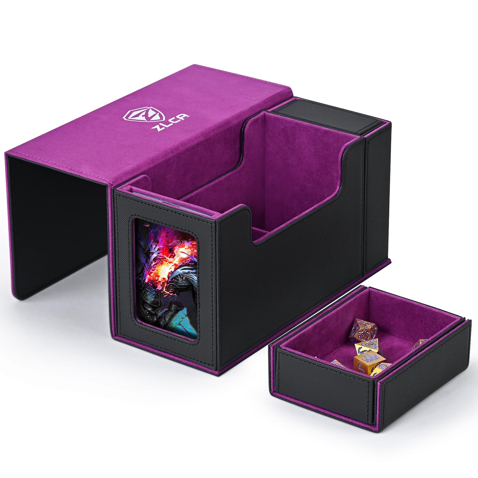 ZLCA Card Deck Box with Display Window,MTG Commander Deck Box Fits 200 Double-Sleeved Cards with Dice Tray & 35pt Magnetic Card Holder-Black&Purple
