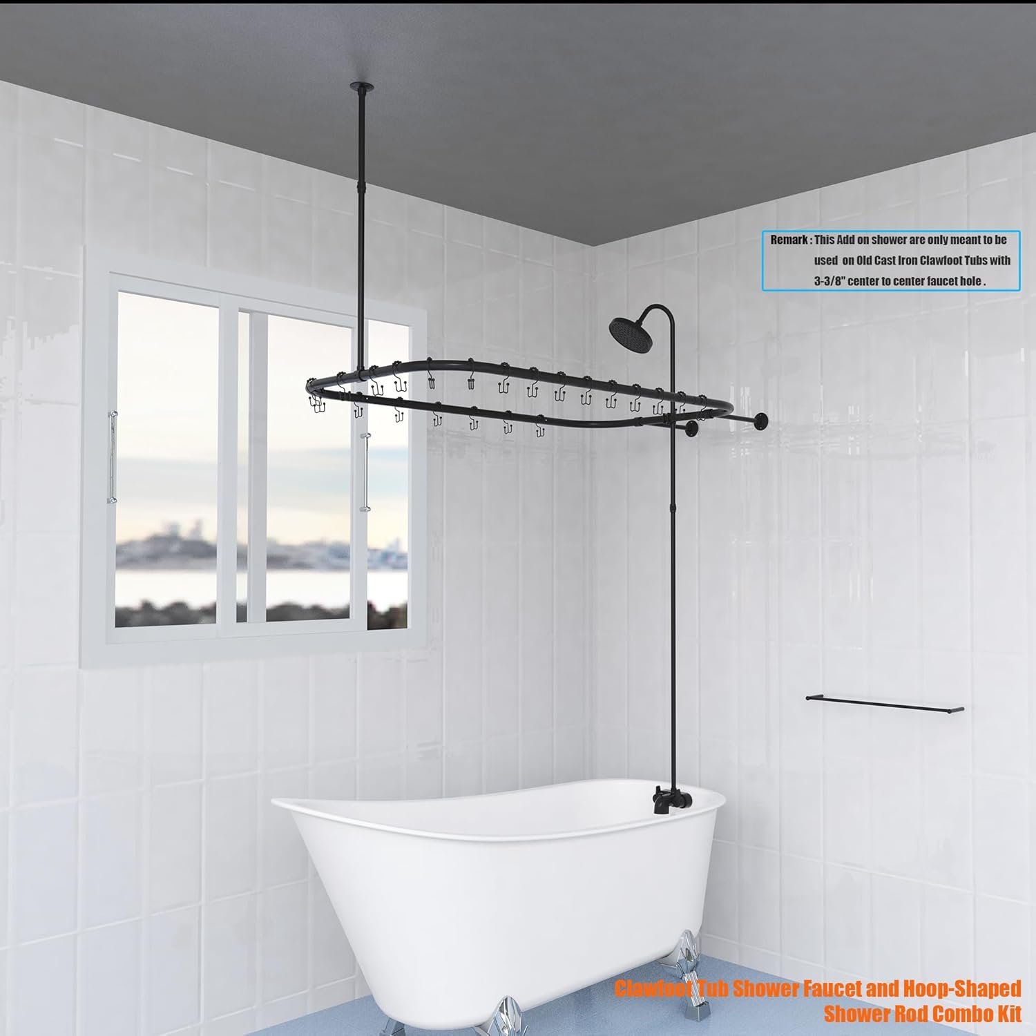 Clawfoot Tub Shower Kit,with Add On Bathcock Diverter Faucet and 48 Inch x 27 Inch Rectangular Rod Kit,Claw Foot Tub Shower Faucet Set, Matte Black