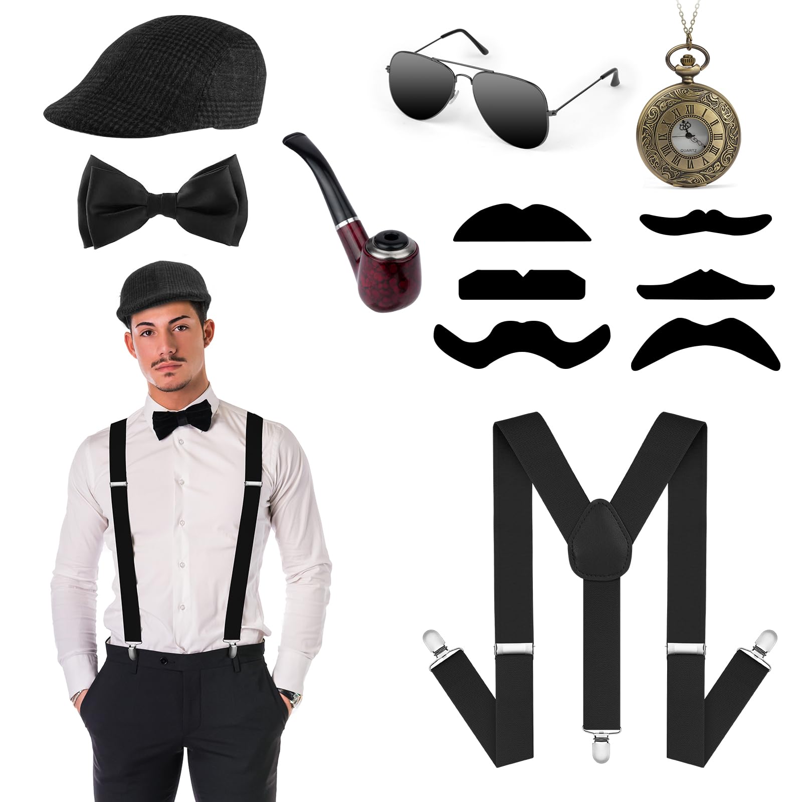 ACWOO Accessoires Annee 20 heren, 7 stuks Great Gatsby gangsterkostuum, jaren 20, kostuum, met hoed, panama, zakhorloge, bandjes, strik, baard, bril voor carnaval