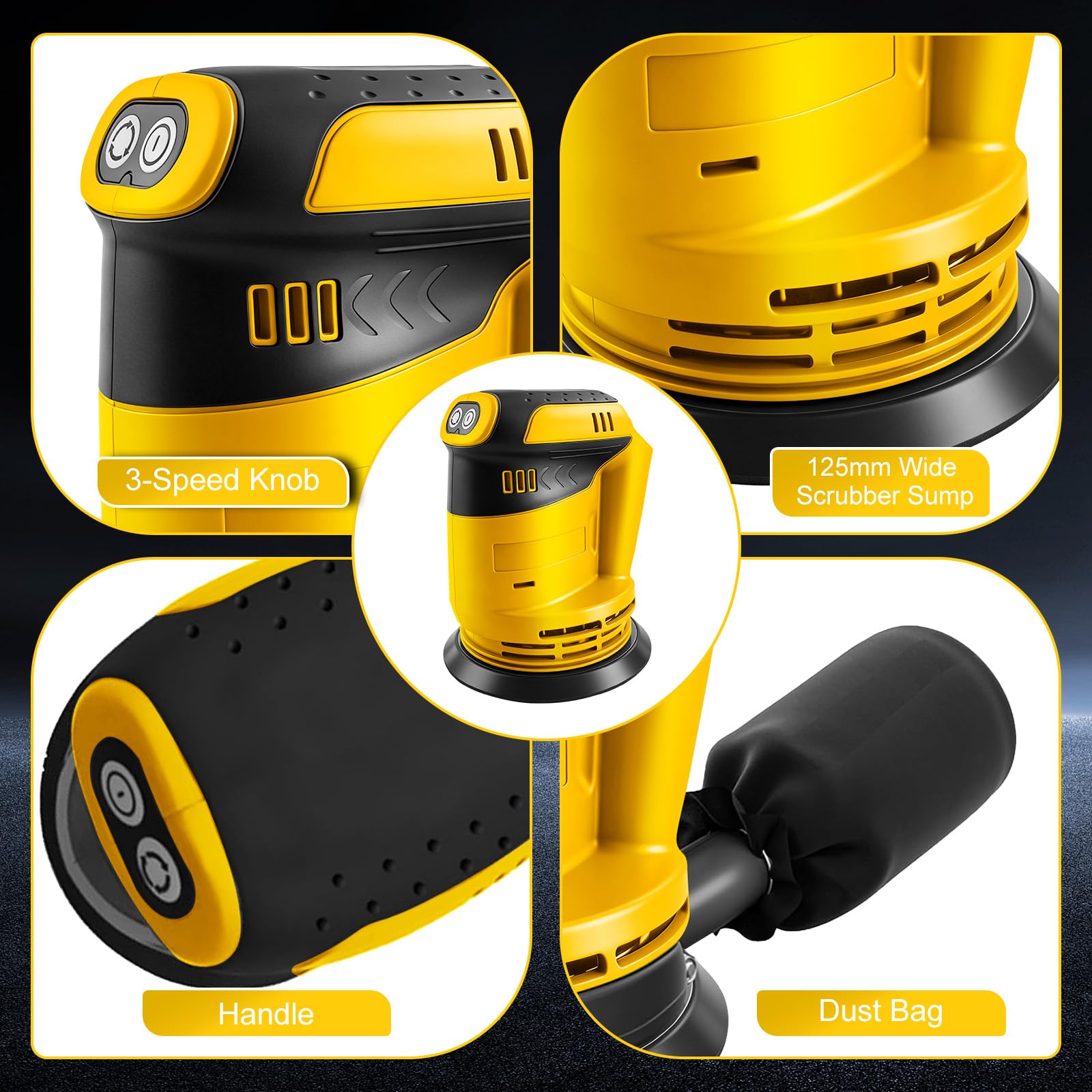 Roadtime Levigatrice orbitale per batteria DeWalt da 20 V (senza batteria), smerigliatrice da 125 mm, 20,000 giri/min, 3 velocità con contenitore di raccolta della polvere e 20 carta vetrata, per
