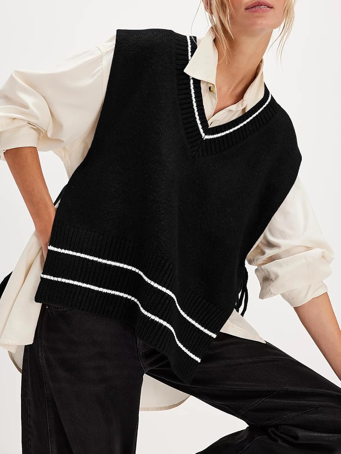 Yesfashion Womens Sleeveless Striped Ponch Sweaters V Neck Color Block Tie Side Going Out Knit Pullover Sweater Vest Tops - Image 4