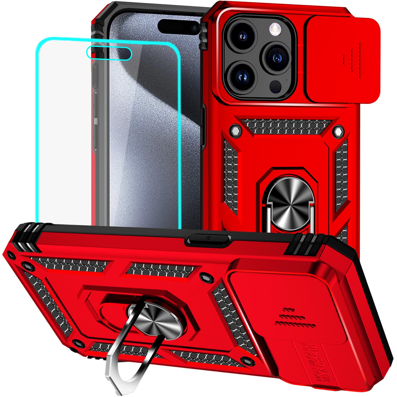 HNHYGETE for iPhone 15 Pro Case with HD Screen Protector: [Military Grade 20ft. Drop Tested] Ring Shockproof Protective Ph...