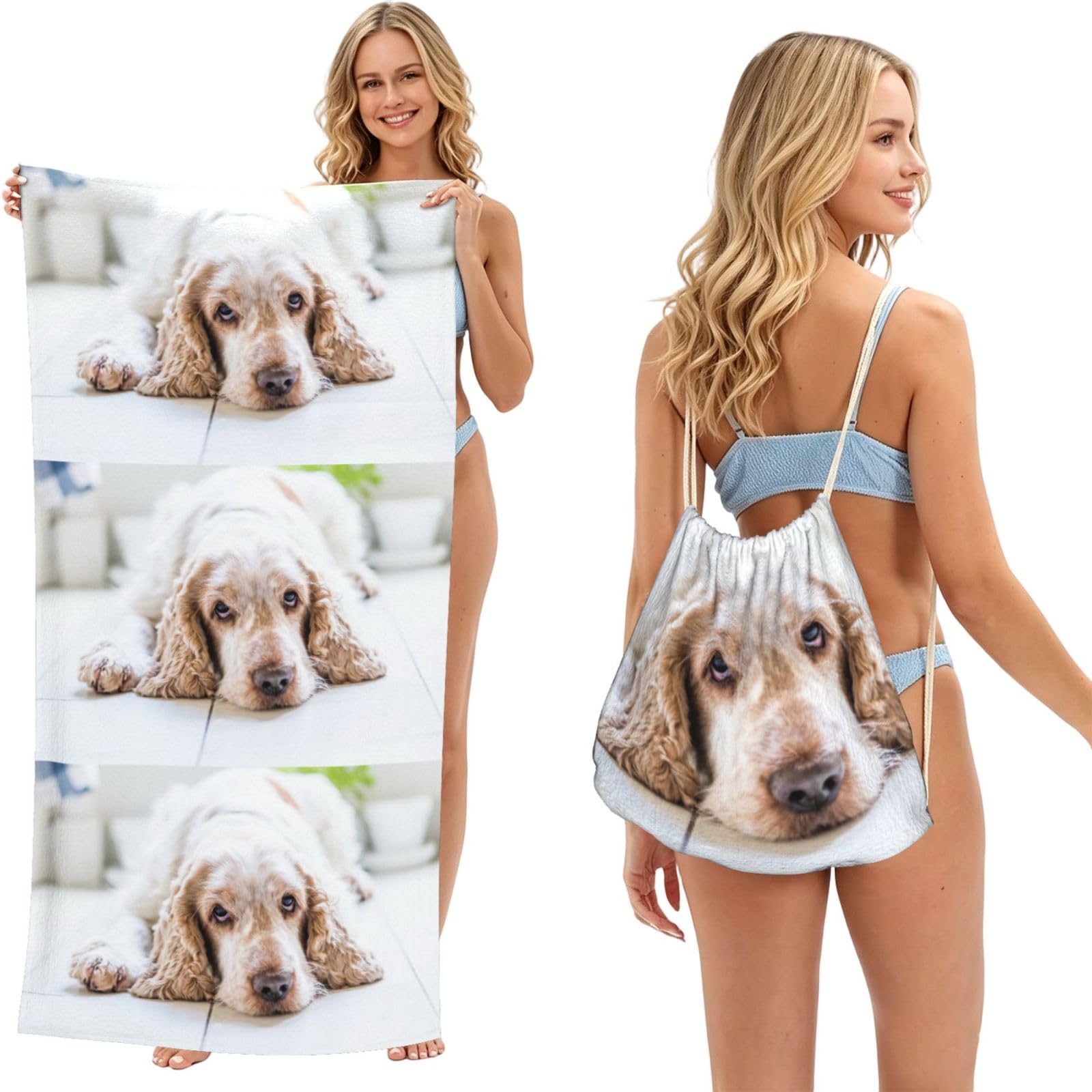 Poadnly As Picture Cocker Spaniel Brown Spaniel Sad Dogs Dogs Pets, 2 In 1 Packable Towel Bag, Beach Towels With Drawstring Backpack For Travel Holiday Camping