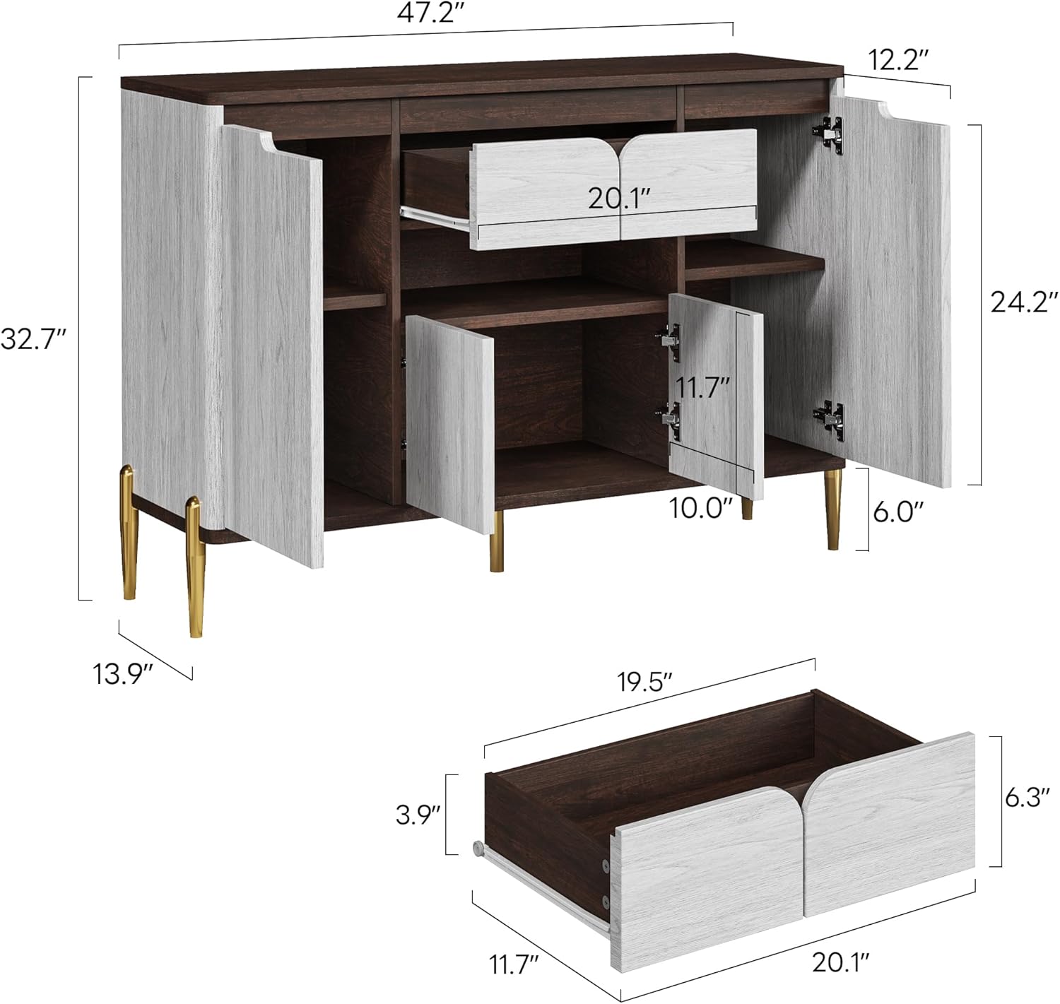 LIKIMIO 47.2" Buffet Cabinet with Storage, Credenza Storage Cabinet with Drawer, Adjustable Shelves, Wood Coffee Bar with Doors for Kitchen or Entryway