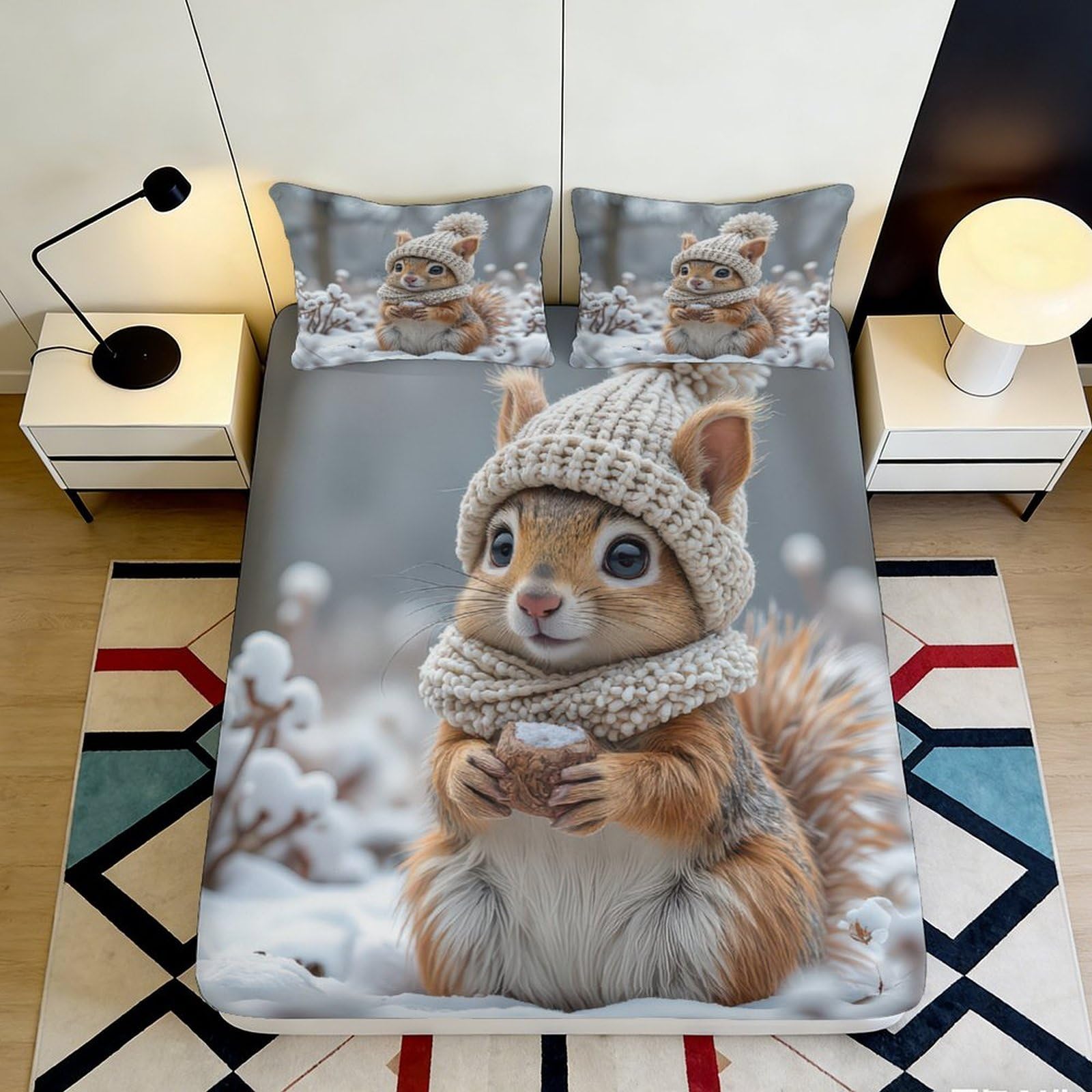 Decorative Squirrel Fitted Sheet, 3D Printed, Soft Touch Microfiber, Bed Cover for Bedroom, Wrinkle Resistant, Guest Room Bedding, Easy Care, 100-120cm 90x200x25cm