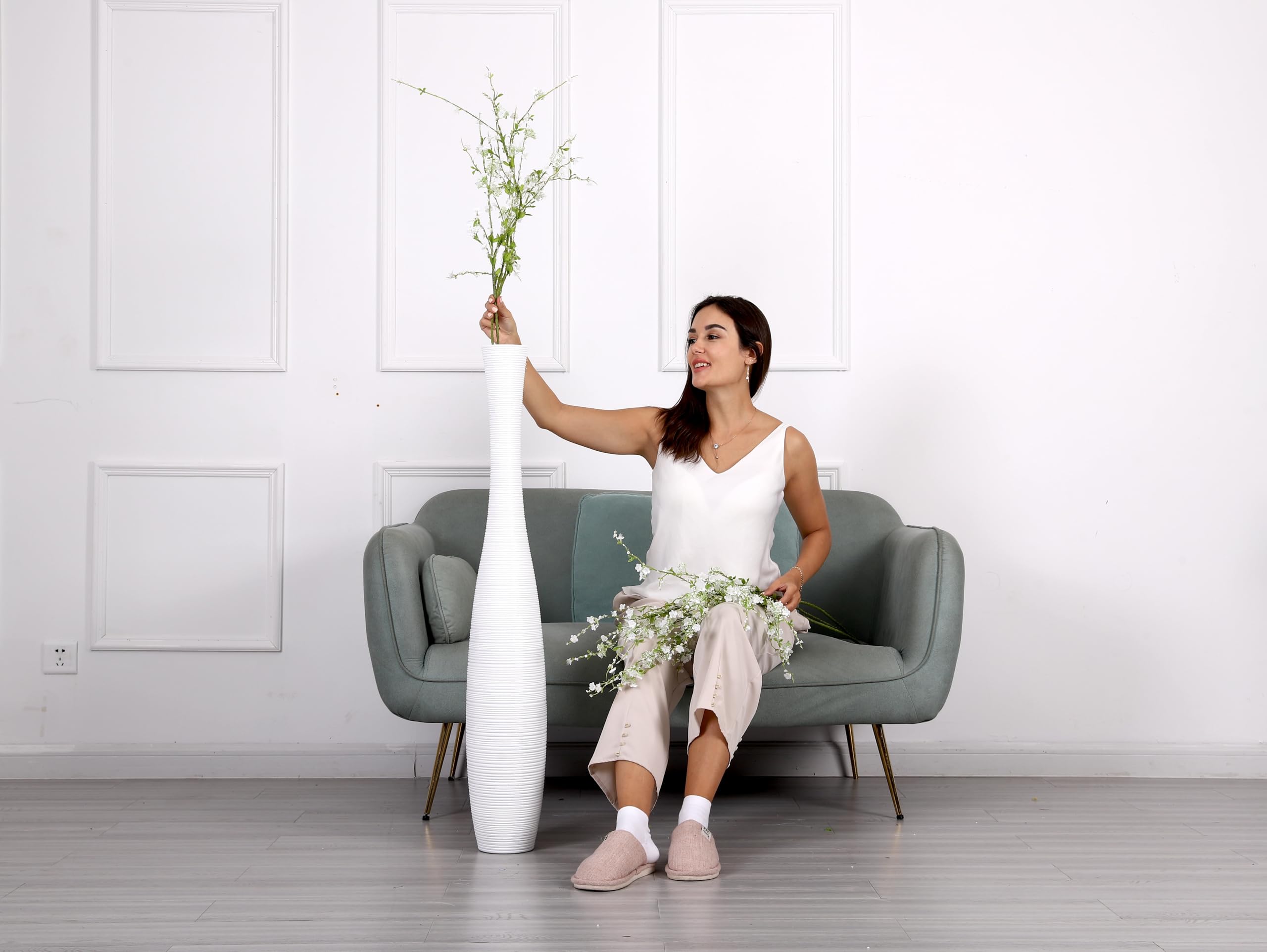 Leewadee Vaso Bianco Decorativo Per Fiori O Pampas Da Interno Da Terra, Alto 105 cm, Resina