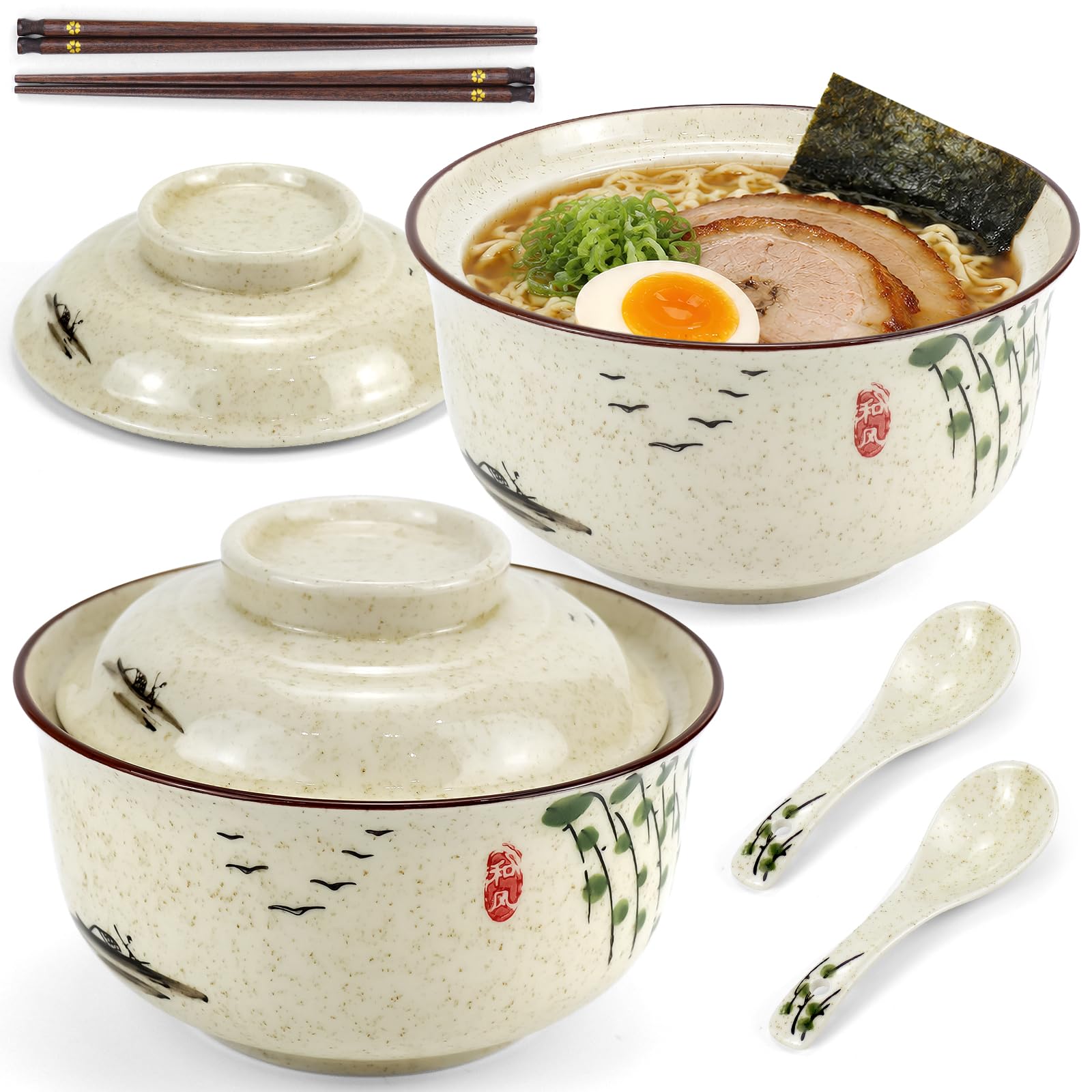 PQHIQ 2 Set Ceramic Ramen Bowl Set, 800ml with Lid, Spoon and Chopsticks