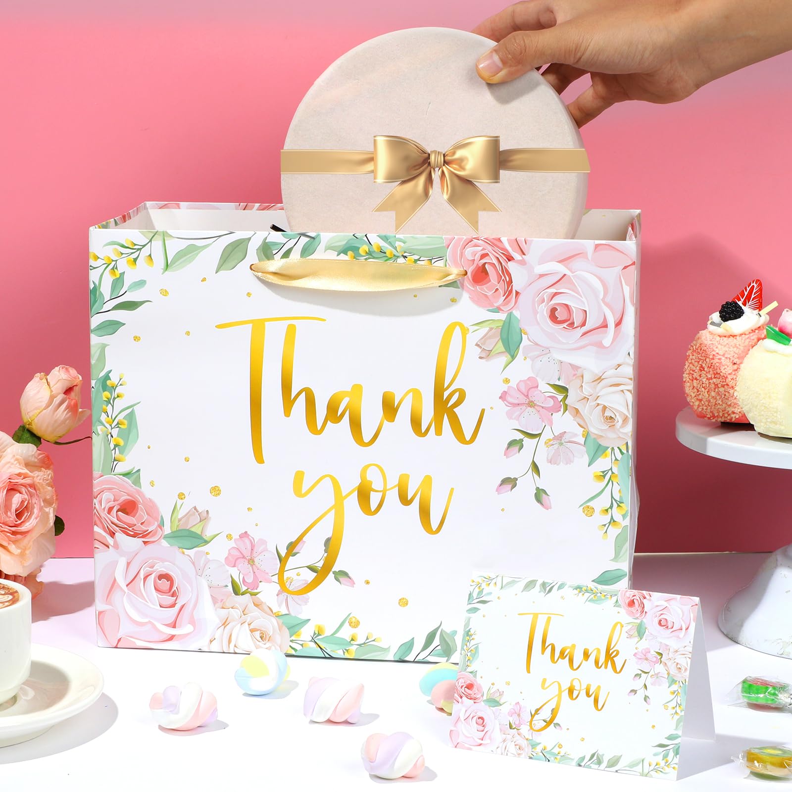 We Appreciate You Gift Bag Floral Thank You Gift Bag with Tissue Paper Greeting Card Appreciation Gifts Wrapping Paper with Handle for Business Retirement Wedding Teacher Birthday Party Supplies