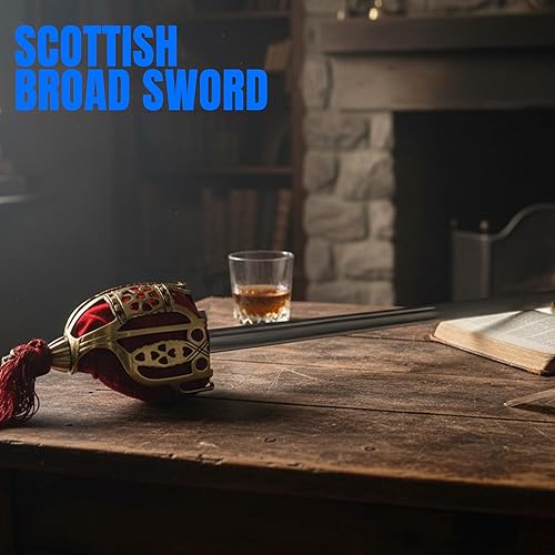 Vista 4 de SZCO Espada ancha escocesa de 41 pulgadas, espada real para adultos con empuñadura de canasta, protector de latón con terciopelo rojo, hoja de acero