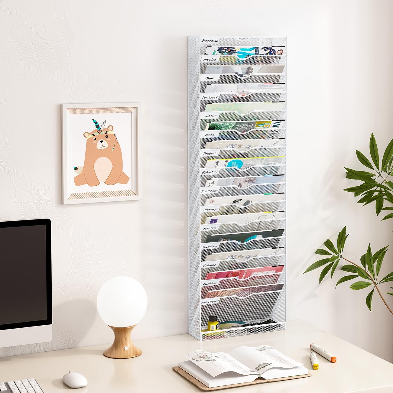 Hanging Wall File Organizer,16-Tier Desk File Mail Holder, Paper Bill Organization For Office Home School, White
