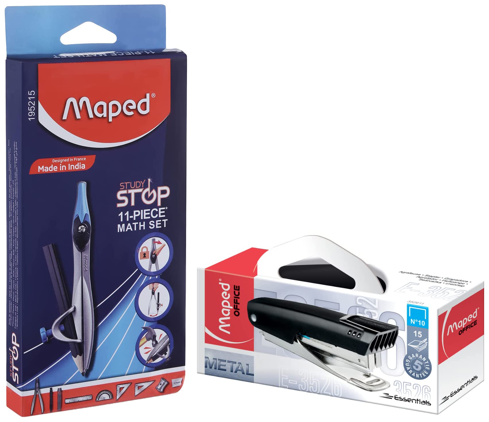 Study Stop 11-Piece Math Set Geometry Box (195215) & Maped Stapler Essentials Pocket N°10 Box+Display (Black), Standard, (M352611)