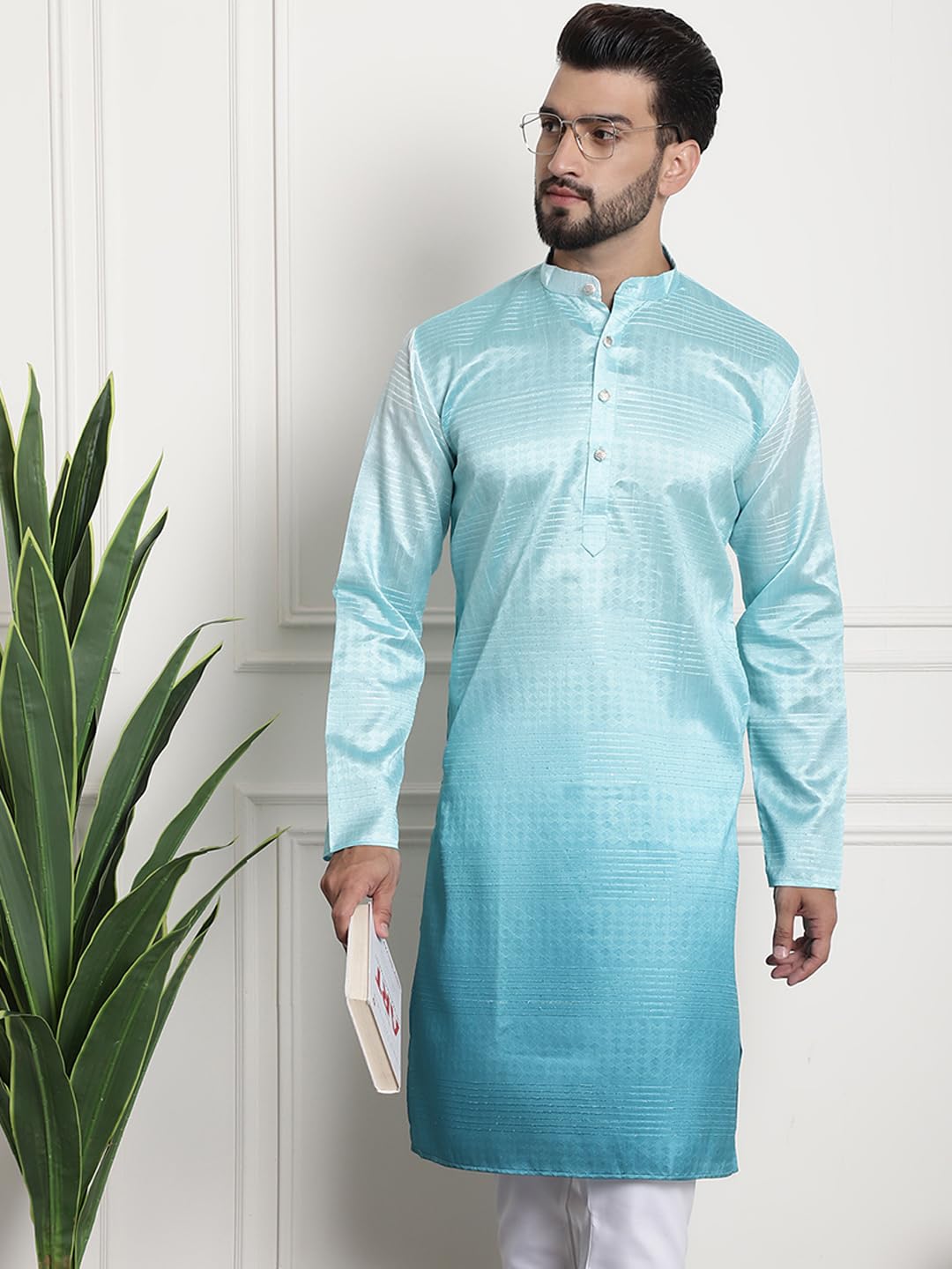 Sojanya Dal 1958 – Kurta Uomo In Misto Cotone E Lino, Jacquard Seta, Colletto Coreano, Vestibilità Regolare – Elegante E Traspirante - 5