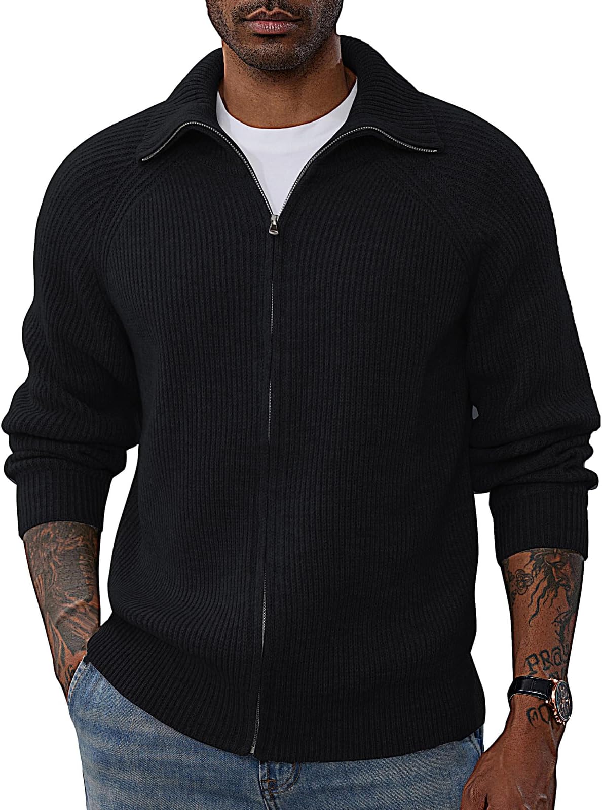 PJ PAUL JONES Men's Full Zip Cardigan Sweaters Unisex Relax Fit Lapel Collar Raglan Sleeve Casual Ribbed Sweater