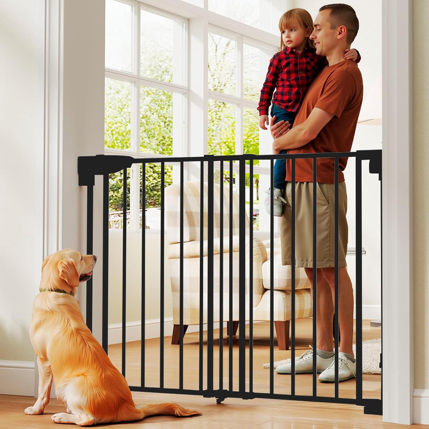No Bottom Bar Baby Gate for Stairs Doorways, 29\"-43.5\" Adjustable Wall Mount Baby Gates Extra Wide with Bottom Wheels, Safety Dog Pet Gate, Easy Install, 30\" Tall color white