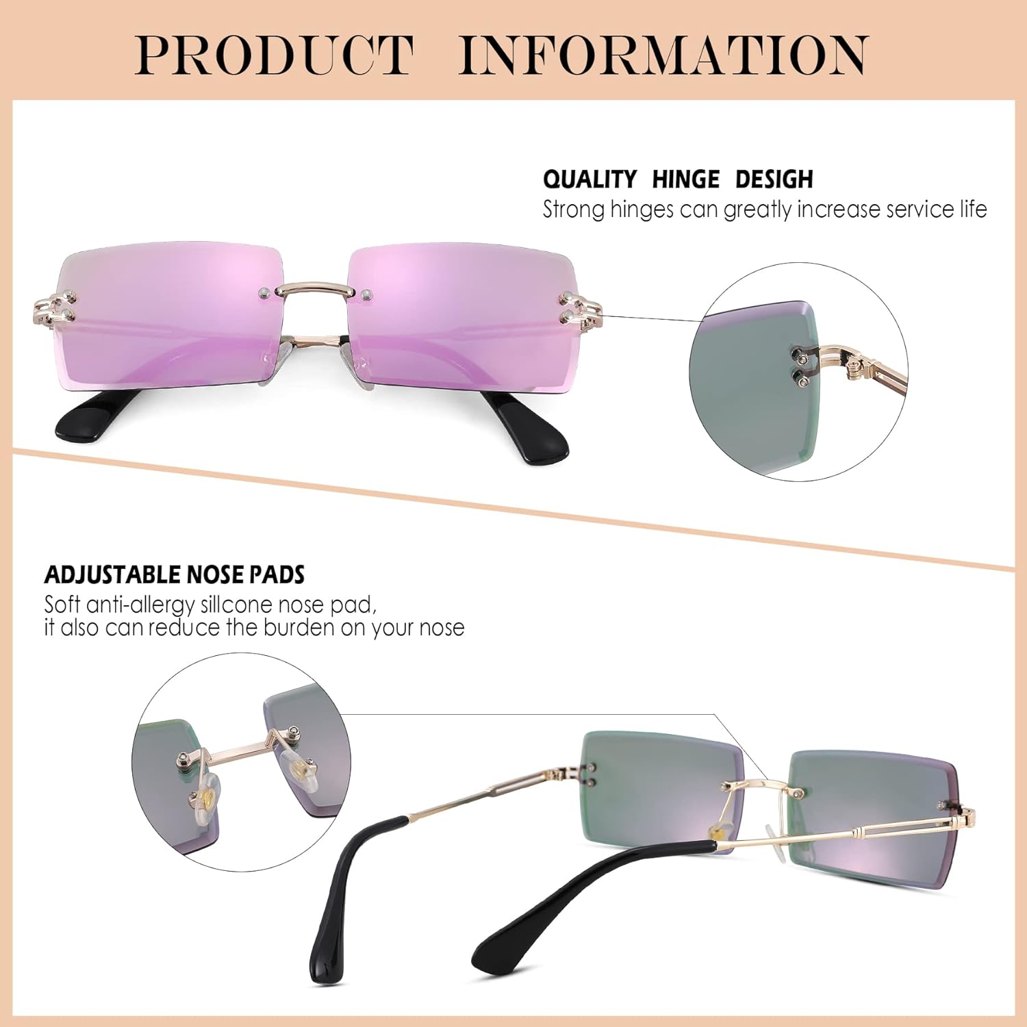 Rectangle Sunglasses for Men/Women Small Rimless Square Shade Eyewear - Image 4