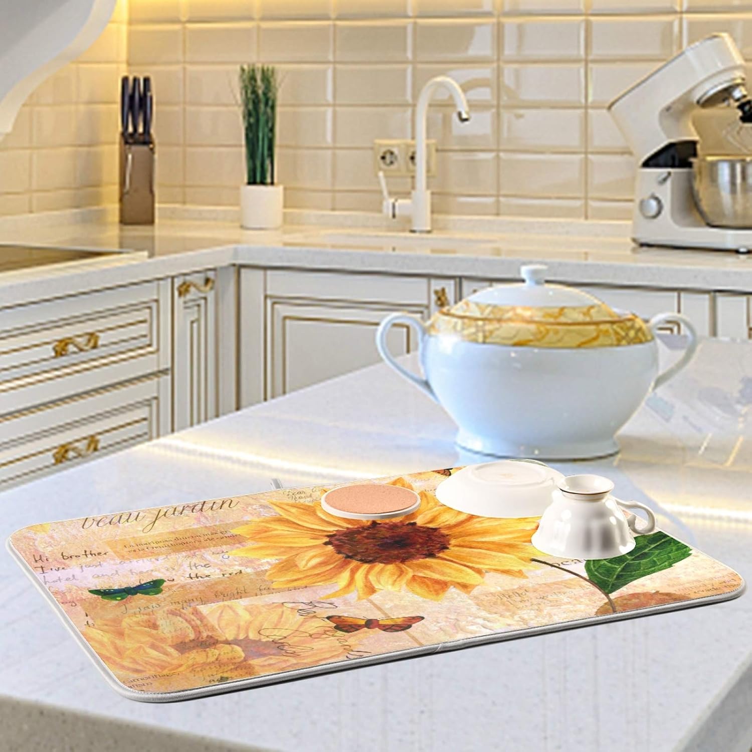 ヴィンテージ イエロー ひまわりと蝶 食器乾燥マット 16x18インチ 吸収性 リバーシブル マイクロファイバーマット ディッシュド