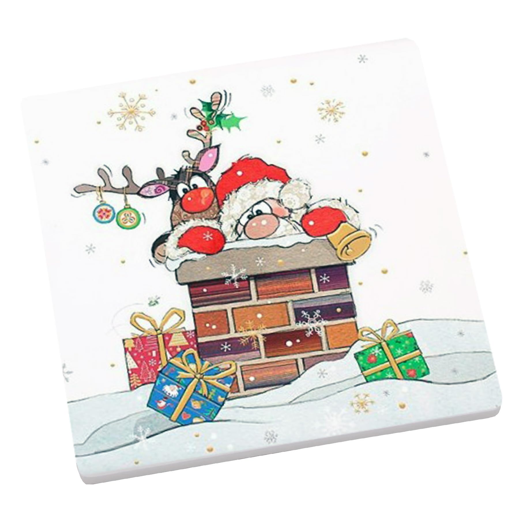 Widdle Gifts Santa On The Roof 1389 Christmas Coaster, Heatproof And Cork Backed Single Ceramic Coaster, Statement Kitchenware For The Home, By Bug Art (Santa On The Roof 1389)