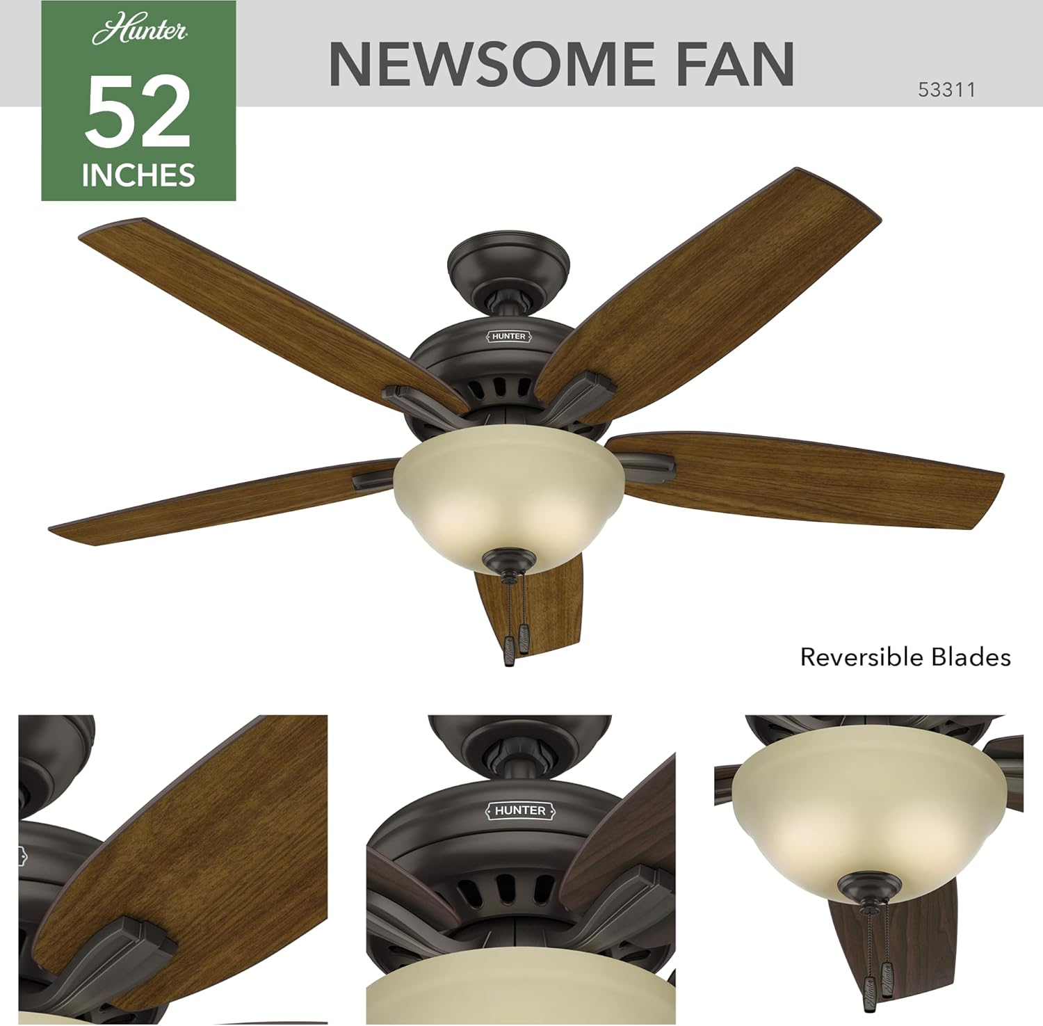 Hunter 52 inch Indoor Ceiling Fan with LED Light - Bronze Ceiling Fan with Pull Chain, For Bedroom or Living Room, Standard Mount, No Remote, 5 Blades, Includes Bulbs - Newsome 53311, Premier Bronze