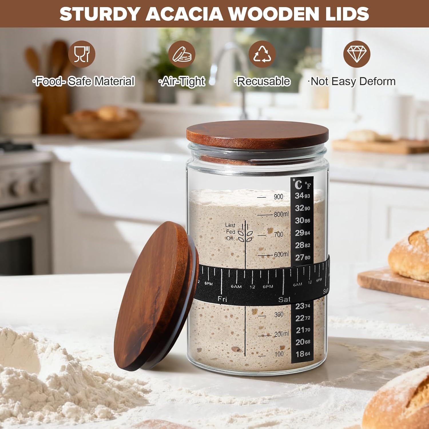 Sourdough Starter Jar Kit, 34 Oz Glass Sour Dough Jars Wide Mouth for Beginners, 10 Pcs Bread Starter Container Set with Acacia Wooden Lid, Glass Jar with Bread Baking Supplies - Image 3