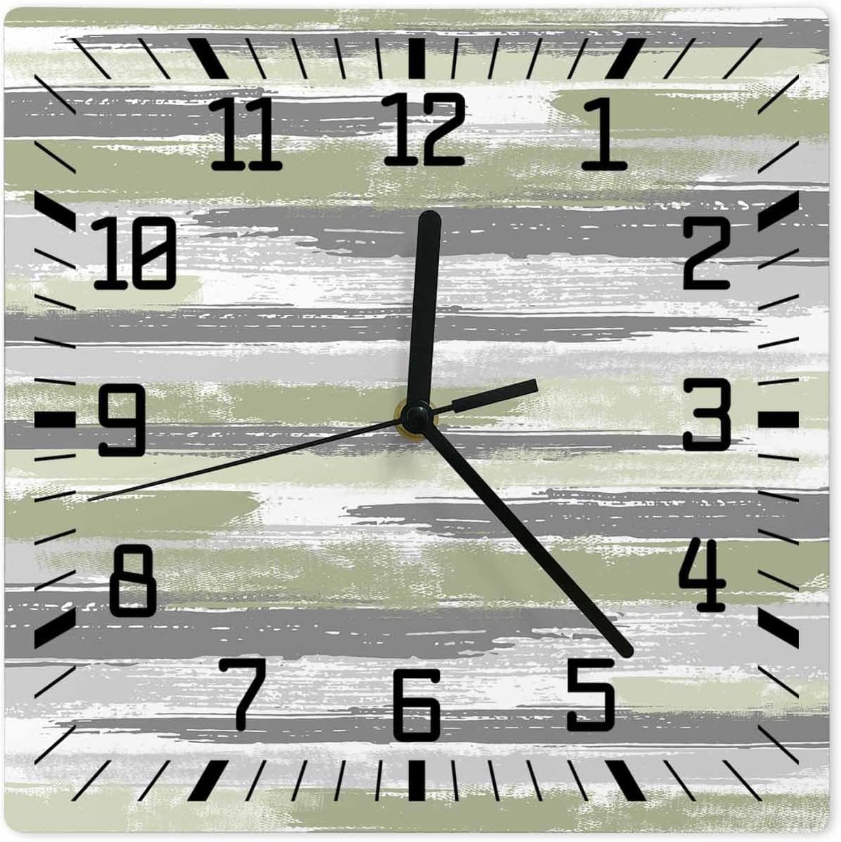 Wall Clock Sage Green Gray Battery Operated Clocks Wooden Silent Non-Ticking Wallclock 12 Inch Spring Stripes Wood Square Wall Clock for Living Room Bedroom Kitchen Office Shool Home Decor