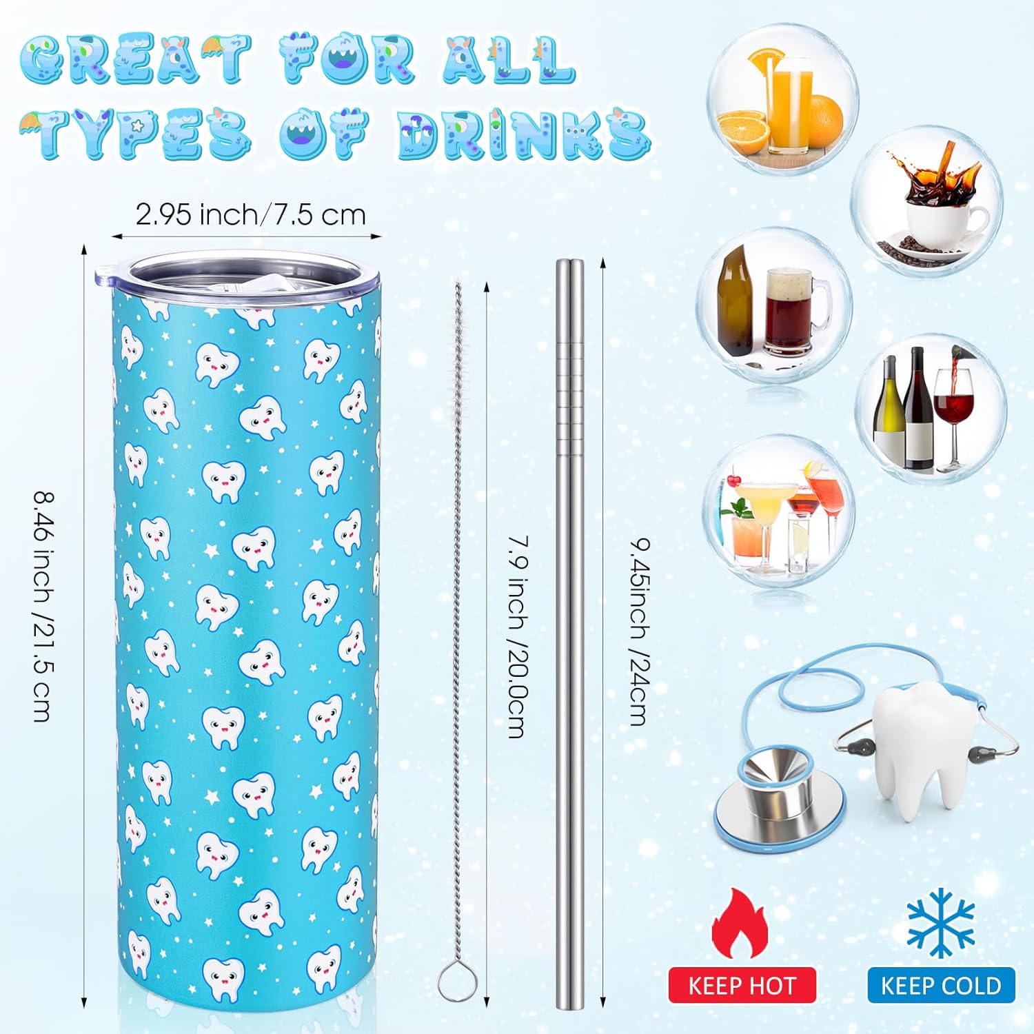 Umigy 2 Pcs Dental Assistant Gifts Teeth Dentist 20 oz Stainless Steel Tumblers Hygiene Student Coffee Mugs with Straws and Lids for Hygienist Dental Students Graduation Christmas Birthday Gift - Image 2