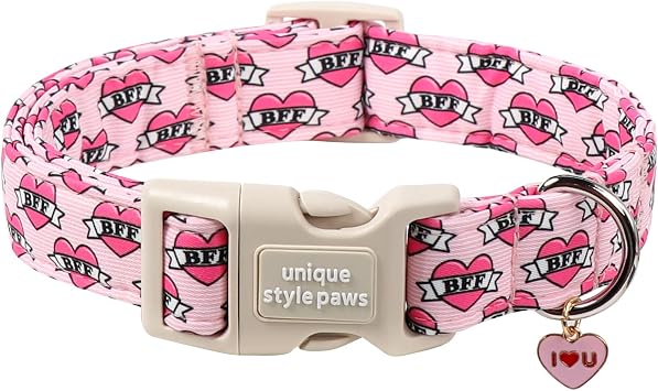 Unique Style Paws Valentine Dog Collar,Pink Heart BFF Print Dog Collar for Small Dogs,Soft Cotton Puppy Collars with Adjustable Buckle for Small,Medium,Large Dogs