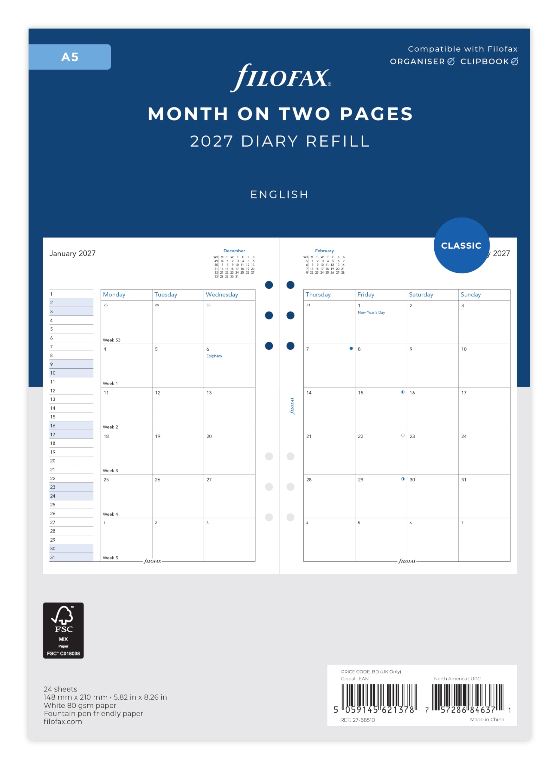 Filofax A5 Month on two pages English 2027 diary 27-68510