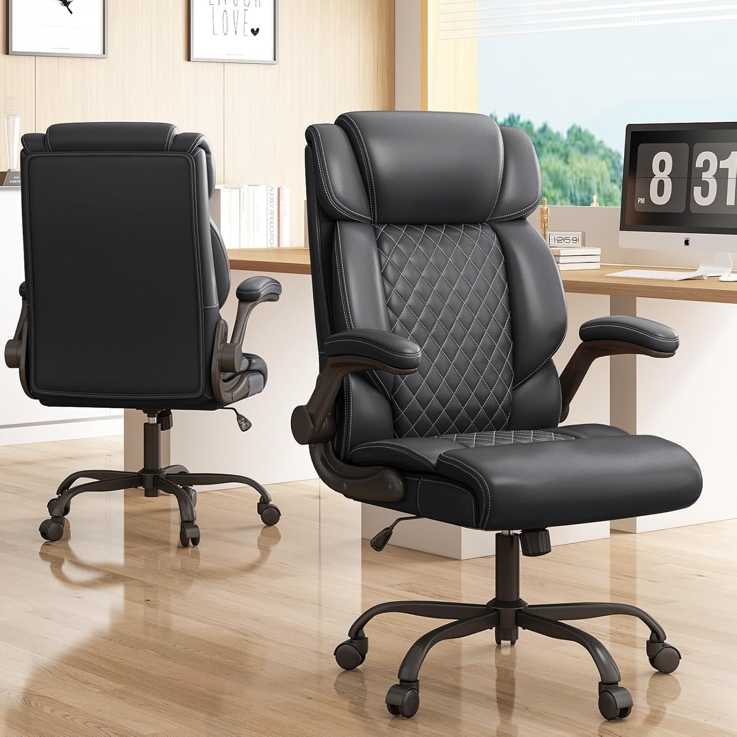 Office Chair-Executive High Back Breathable Comfy Desk Chair with Flip-up Armrests Lumbar Support-Ergonomic Leather Rolling Swivel Chair with Rock Function for Working Studying Gaming