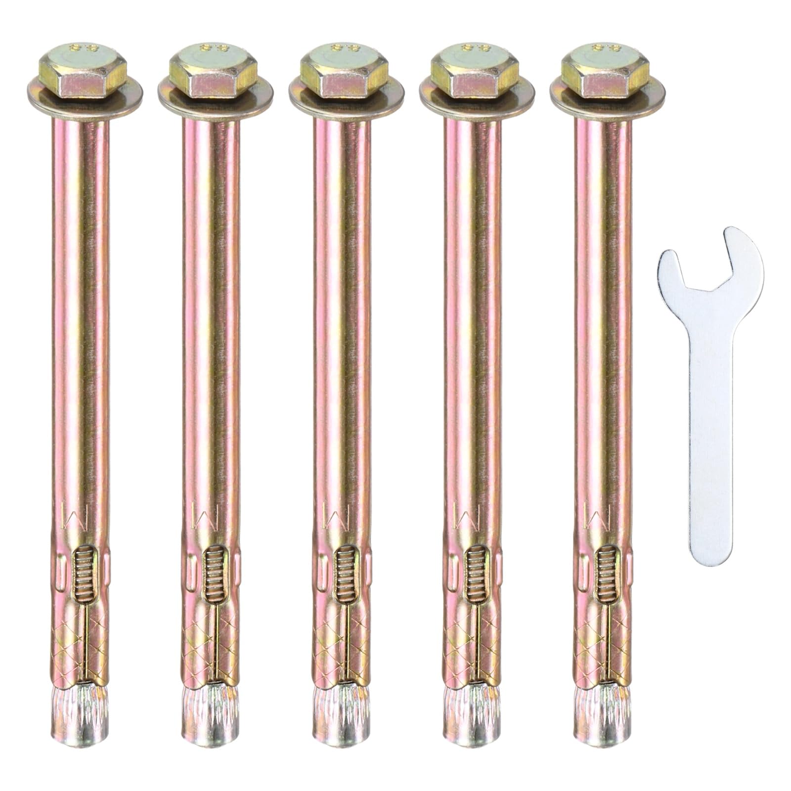 M METERXITY 5-Pack Hex Expansion Bolt, M6x100mm Colored Galvanized Iron-Carbon Steel External Hex Expansion Bolts W/ 10mm Wrench, Anti-Corrosion Metal Bolt for Concrete/Dry Brick/Block Walls