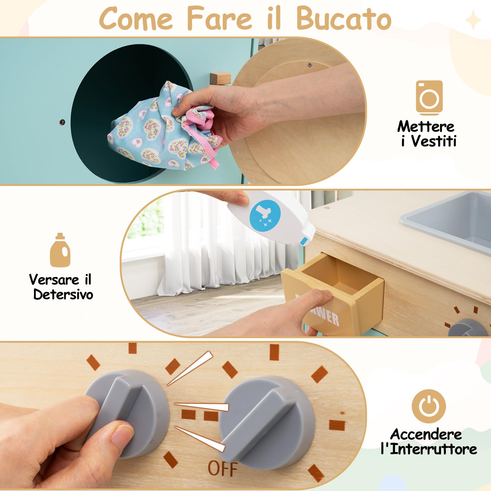 COSTWAY Set di Gioco Lavatrice per Bambini, Giocattolo Lavatrice con Detersivo e Igienizzante per le Mani, Set in Legno con Lavabo, Cassetto e Ruota Rotante, Regalo per Bambini dai 3+ Anni
