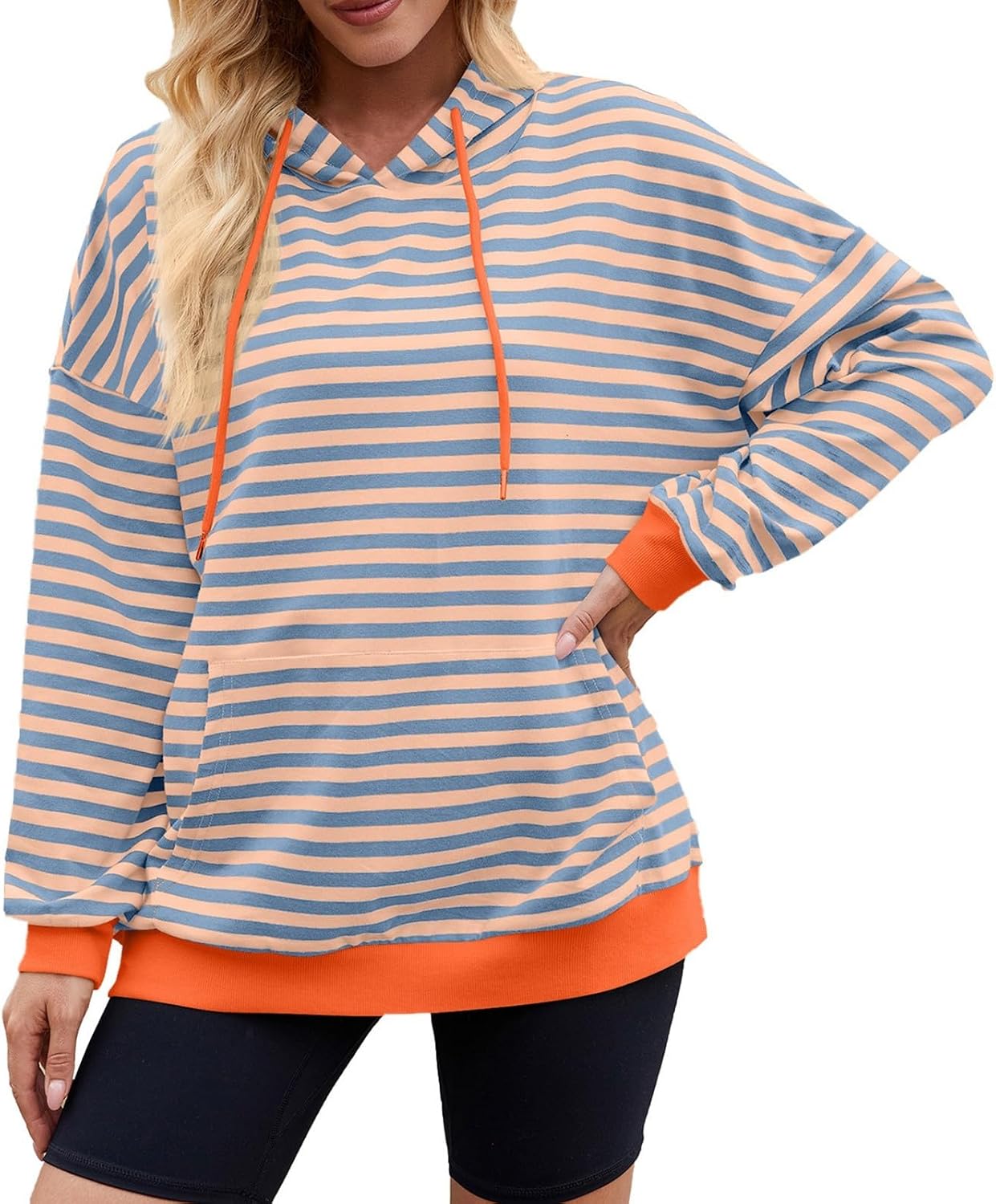 Womens Striped Oversized Sweatshirts Long Sleeve Color Block Hoodies Pullover Top Y2K Clothes with Pocket
