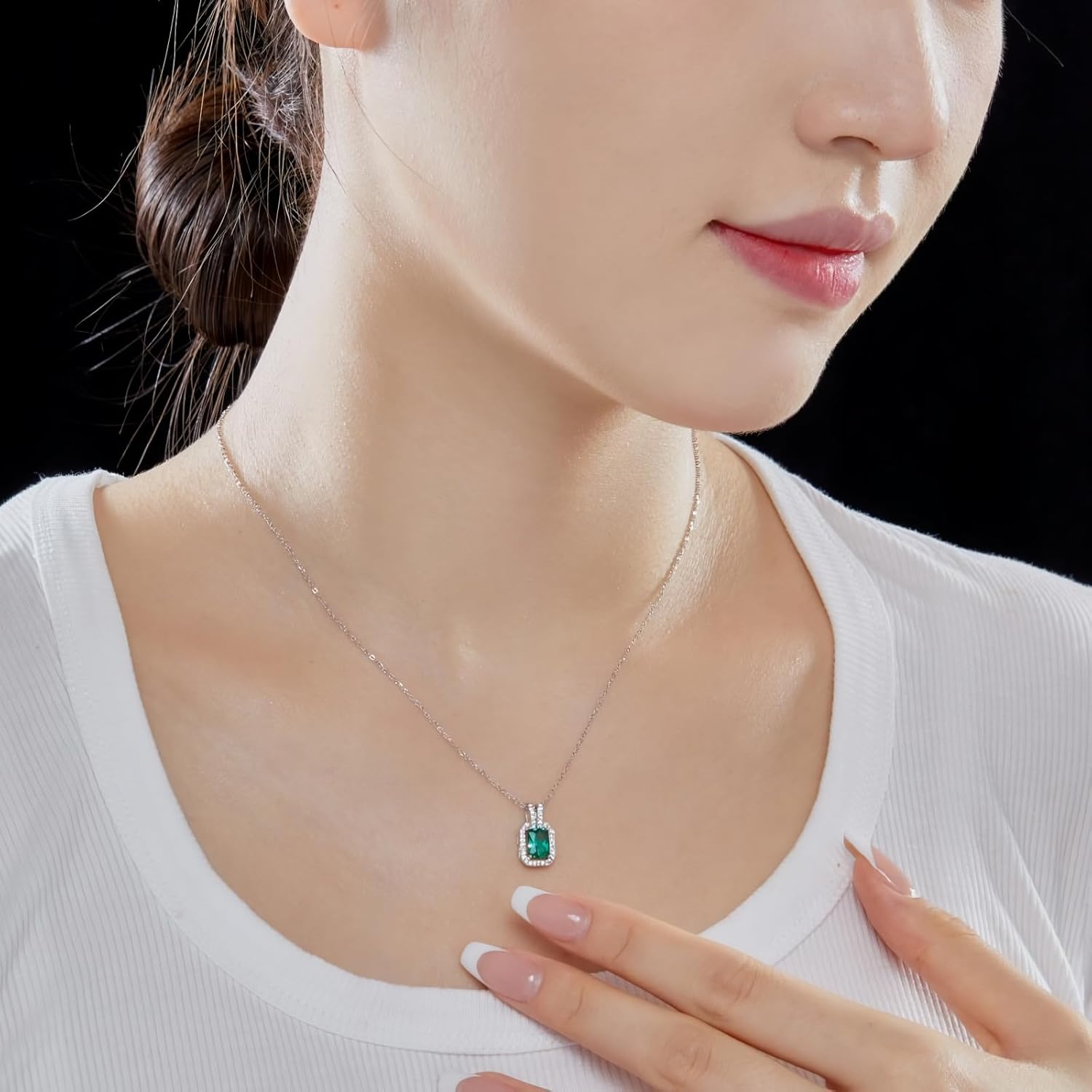 Emerald Necklaces for Women 18K White Gold Plated Silver Halo Style Green Emerald Pendant Necklaces, May Birthstone 18+2" - Image 2