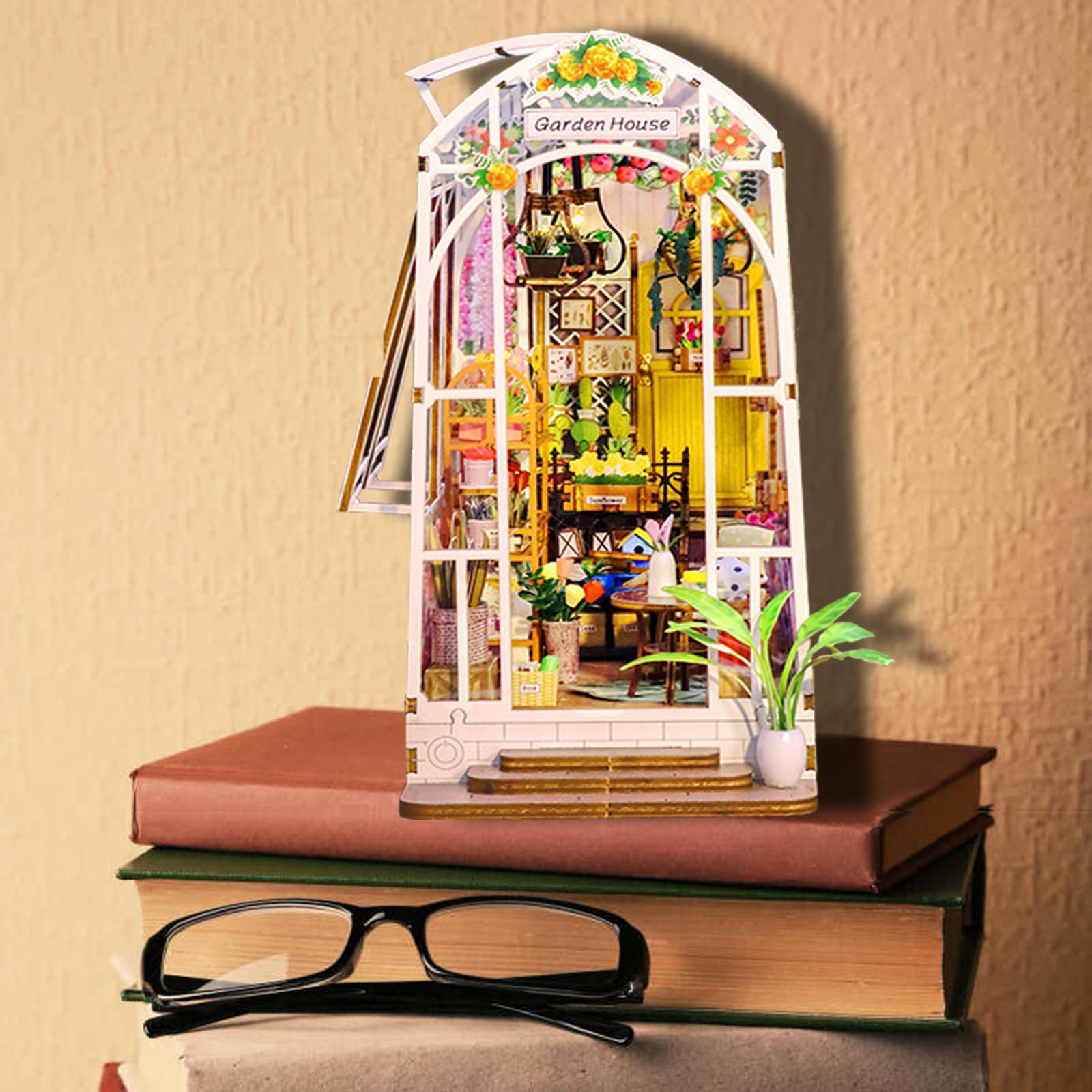 Book Nook Kit Garden House DIY, DIY Miniature Booknook Kit 3D Creative Decorative Bookend Bookshelf Insert 3D Puzzle for Adults, Decor Suitable for Adults and Teenagers Craft