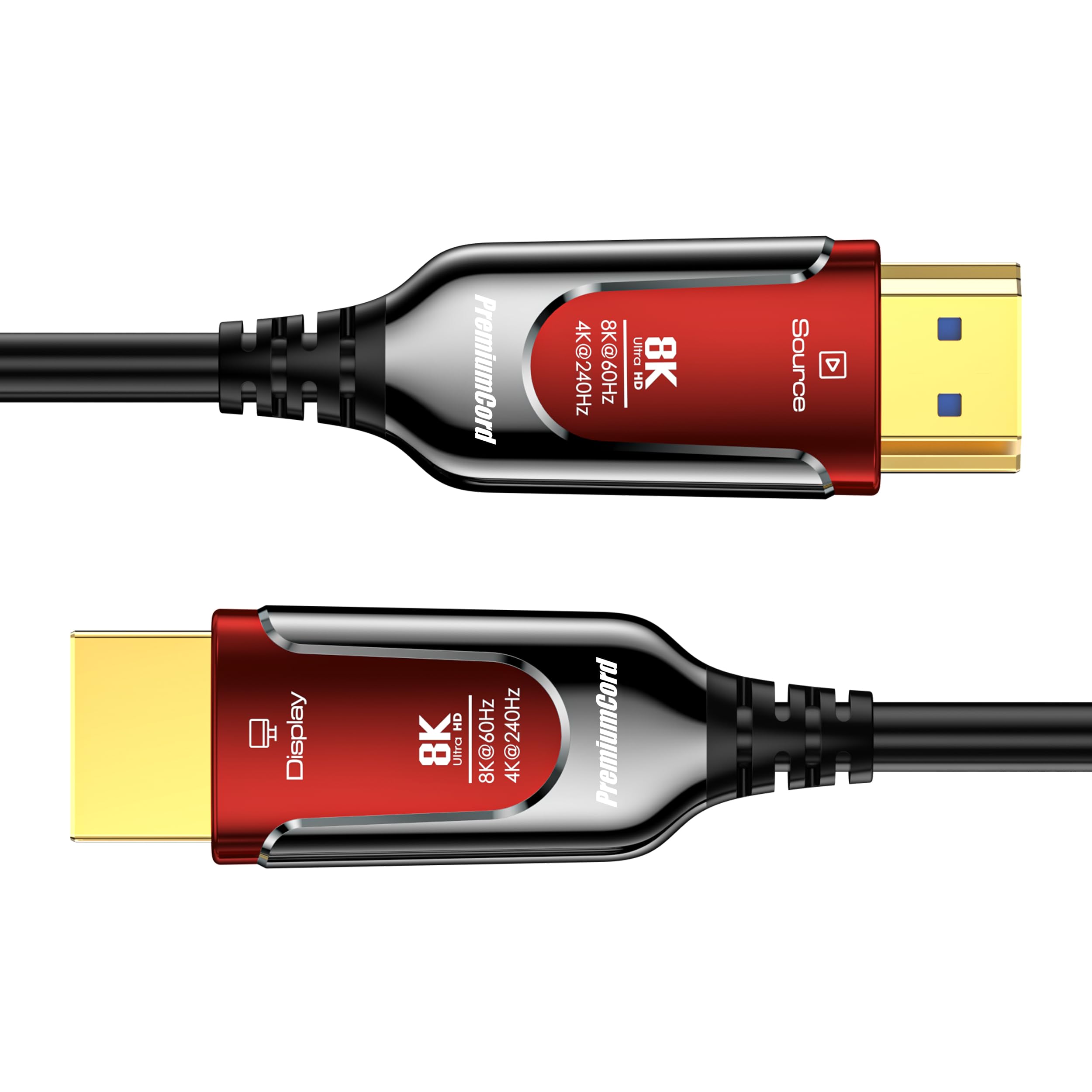 PremiumCord 8K Câble à Fibre Optique HDMI 2.1, Ultra High Speed 48 Gbit/s, 3D, EDID, ARC, HDR, Résolution 8K@60Hz 4320p, 4K@240Hz, Compatible PS5, Xbox X, PC, TV, Noir/Rouge, Longueur 30 m