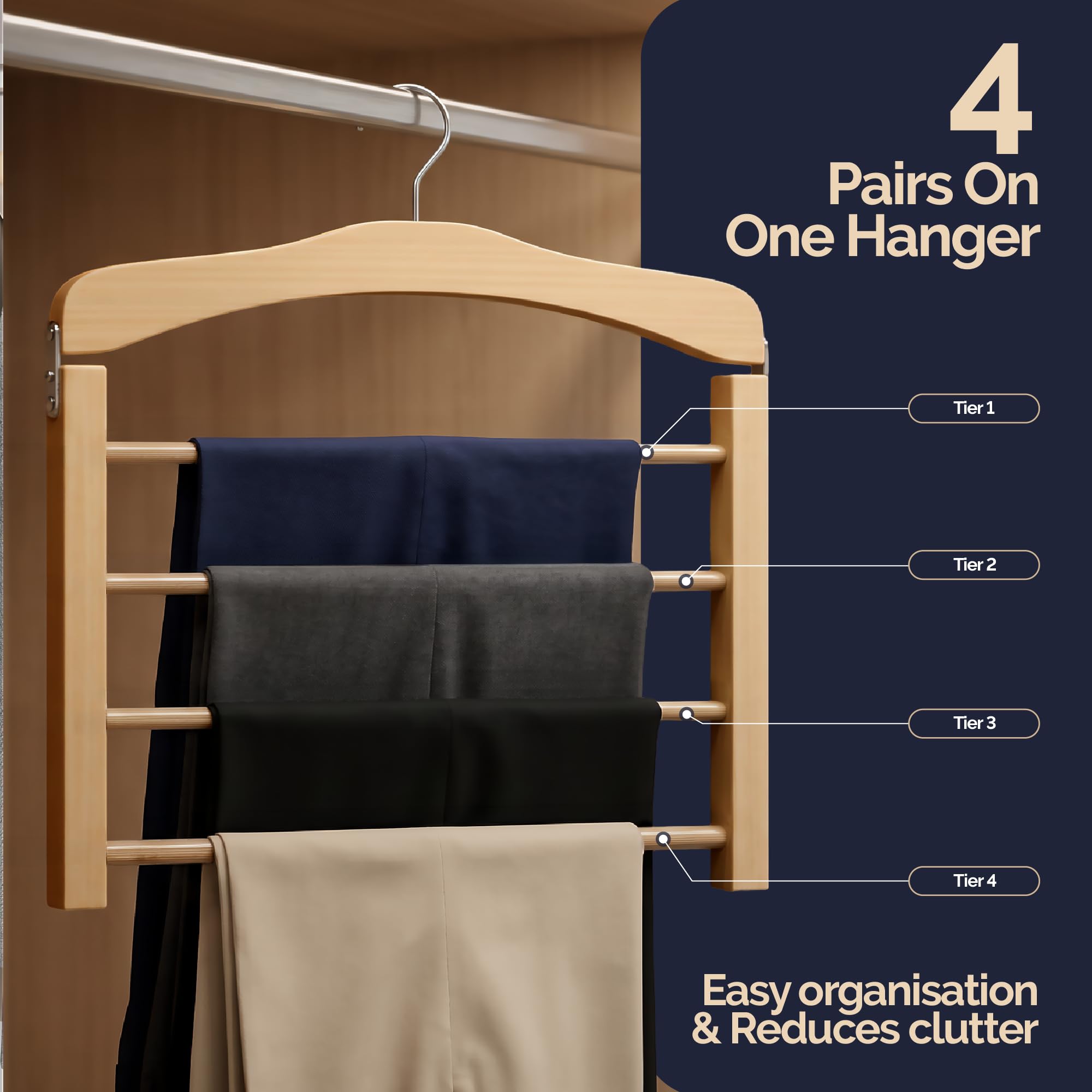 Hangerworld Confezione da 3 grucce in legno per pantaloni, multifunzionali, a 4 ripiani, con barre antiscivolo