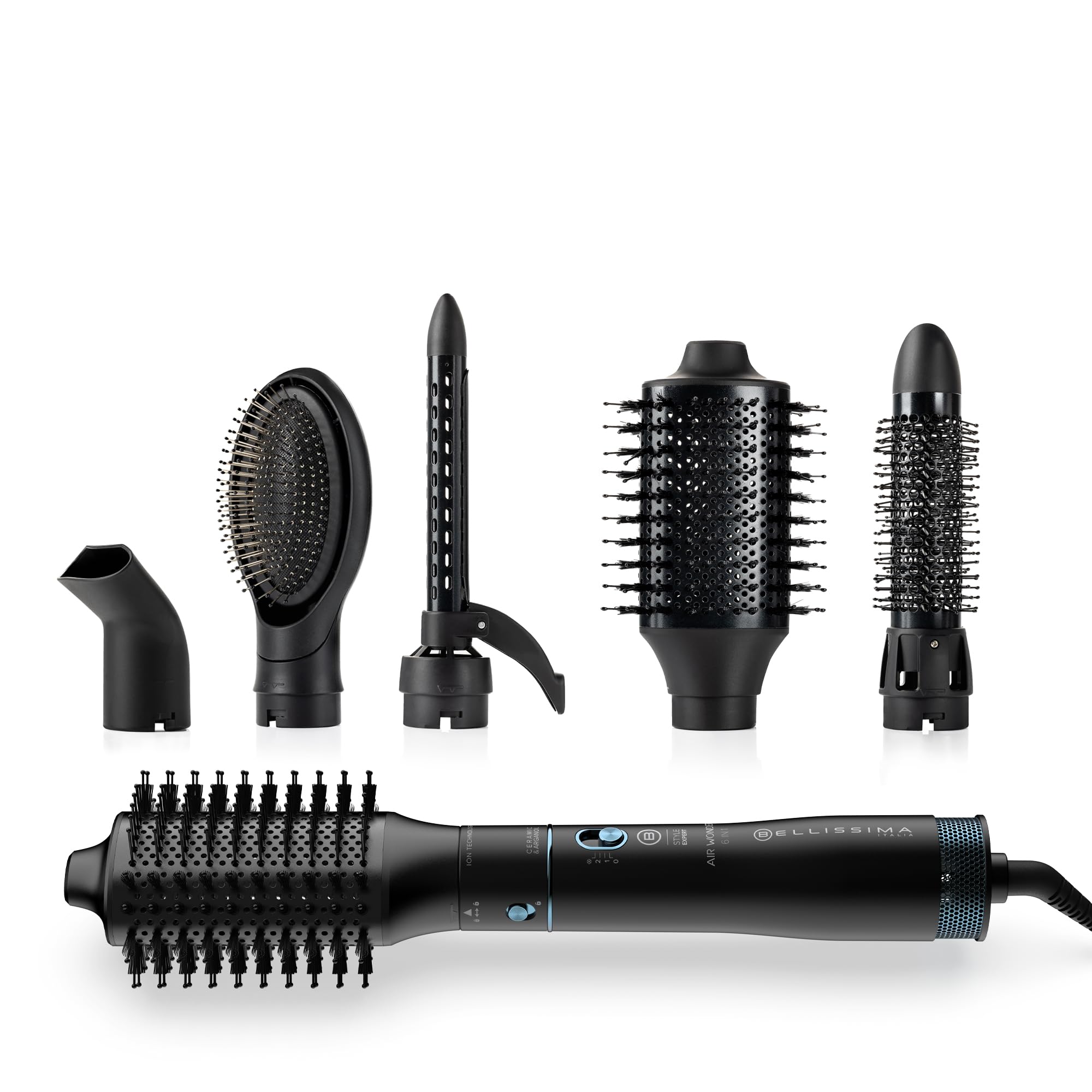 Bellissima Styl Expert Air Wonder 6 w 1, szczotka z gorącym powietrzem, 6 akcesoriów, technologia jonowa, ceramiczne szczotki i olej arganowy, suszenie i dawanie objętości, uderzenie zimnego