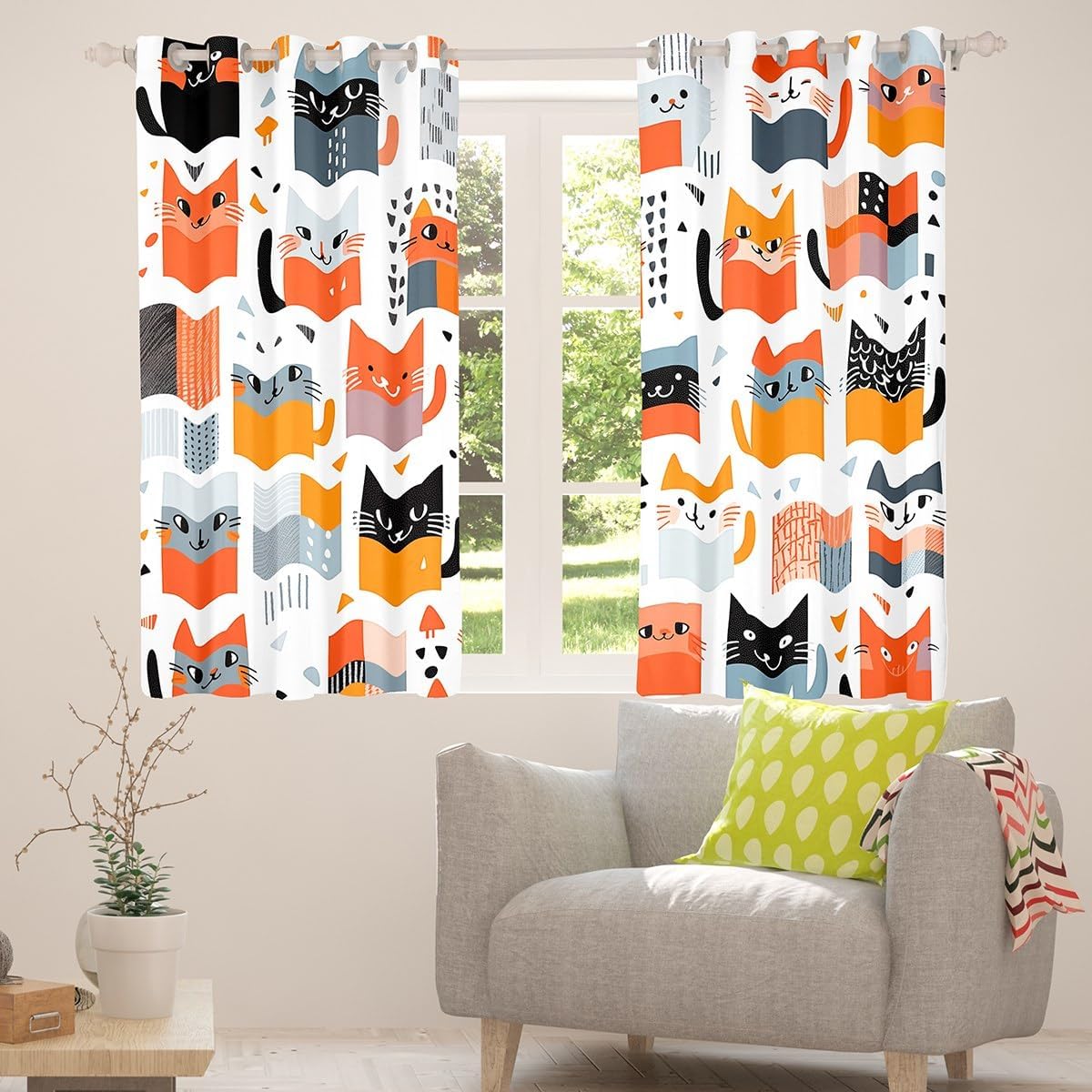 Rainbow Cat Curtains Kids Boys Girls Funny Cartoon Pet Cat Blackout Curtains 84x84,Kawaii Animal Curtains & Drapes Geometric Polka Dots Triangles Bedroom Curtains Cat Theme Toddler Room Decor