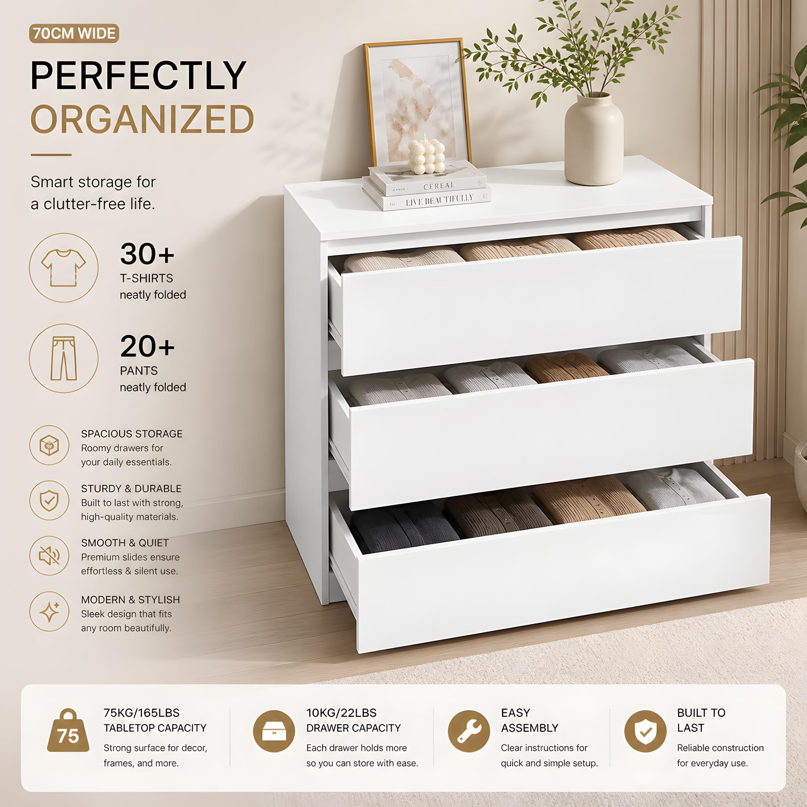 Cómoda Blanca sin Tiradores, Cajonera 70 cm Ancho, Moderno Aparador 3 Cajones para Dormitorio y Pasillo, Ahorro de Espacio 40 cm Fondo, Mate