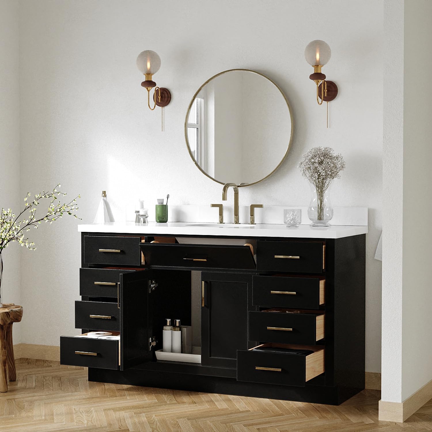 ARIEL Hepburn 60-inch Bathroom Vanity with Sink,Solid Wood, 1.5-inch Pure White Quartz Countertop & Backsplash, Single Oval Porcelain Sink, 2 Soft Closing Doors, 9 Dovetail Drawers, Black