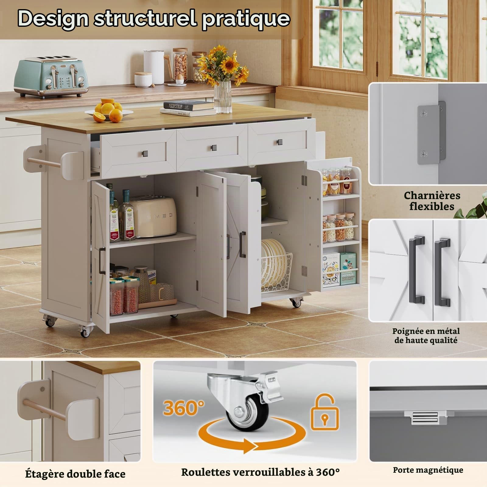 Sweiko Îlot de Cuisine 140x70x90.5cm avec Plan de Travail Rabattable,Comprend 5 roulettes Réglables,4 Portes,3 Tiroirs et Un Porte-Serviettes Double Face (White 2)
