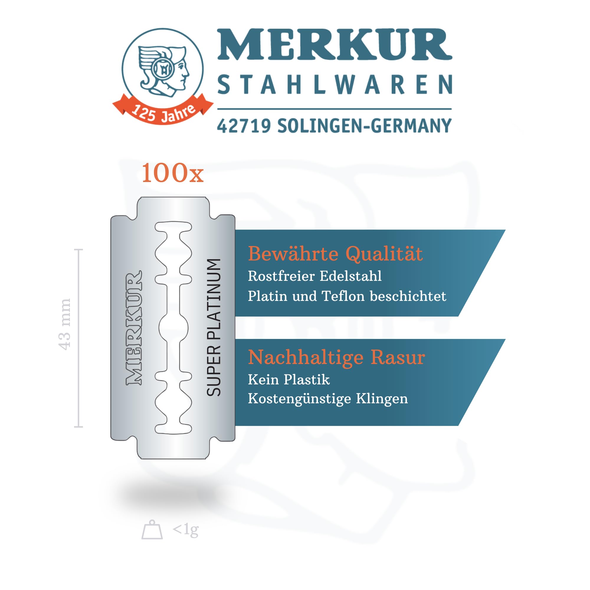 MERKUR Rasierklingen Edelstahl Super Platinum Silber 910 (100 Stück) | Klassische doppelseitige Rasierklinge mit Platin beschichtet | Ideal für Nassrasur mit dem Rasierhobel | Rostfreier Edelstahl
