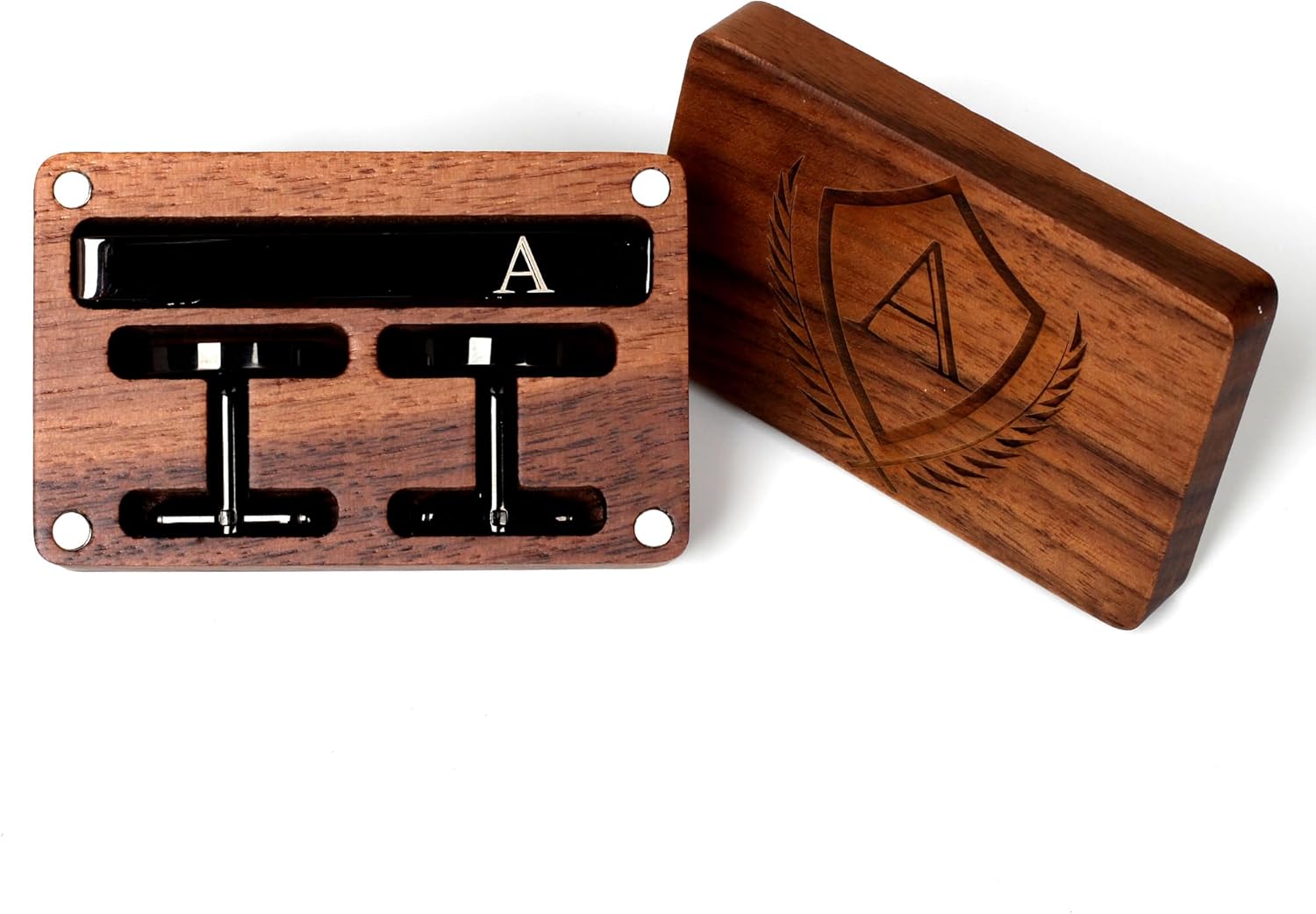 Mens Initial Cufflinks and Tie Clip A-Z Alphabet Letter Black Stainless Cuff Links Tie Bar with Engraved Walnut Wood Box Groom Groomsman Wedding Set
