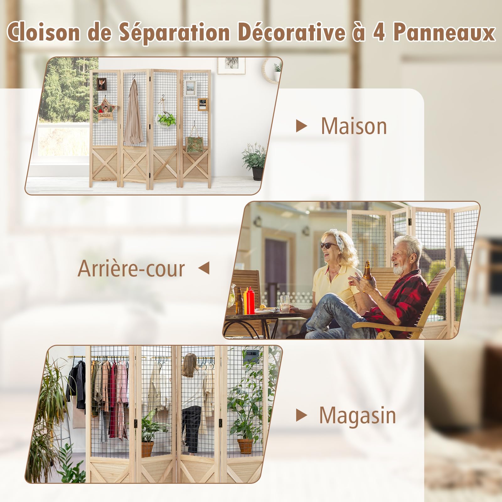 COSTWAY Paravent Interieur 4 Panneaux 151 x 144 cm, Separateur de Pieces Pliable, Bois en Paulownia, Grille, Closion de Separation Interieur, Pieds Antidérapants, pour Chambre Bureau Salon, Naturel