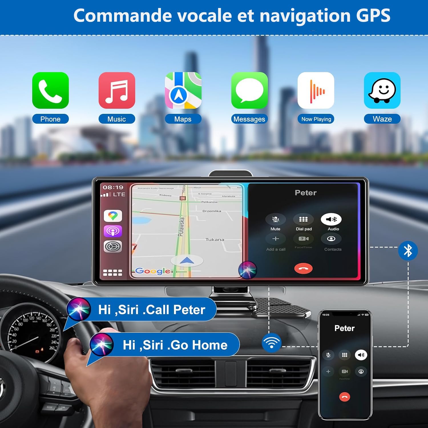 Écran CarPlay Portable sans Fil pour Voiture, 10,26 Pouces, CarPlay et Android Auto, stéréo Tactile pour Voiture, avec caméra de Tableau de Bord 4K, caméra de recul, Bluetooth, Navigation GPS