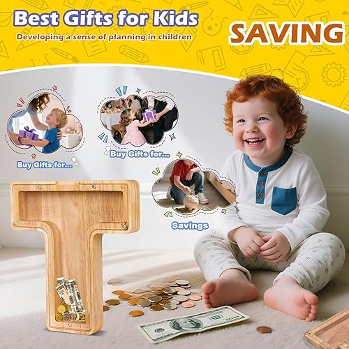 Miniatura 36 de Alcancía de madera con letras de madera, alcancía para niños y niñas, grande, 26 letras del alfabeto, banco de dinero personalizado con nombre