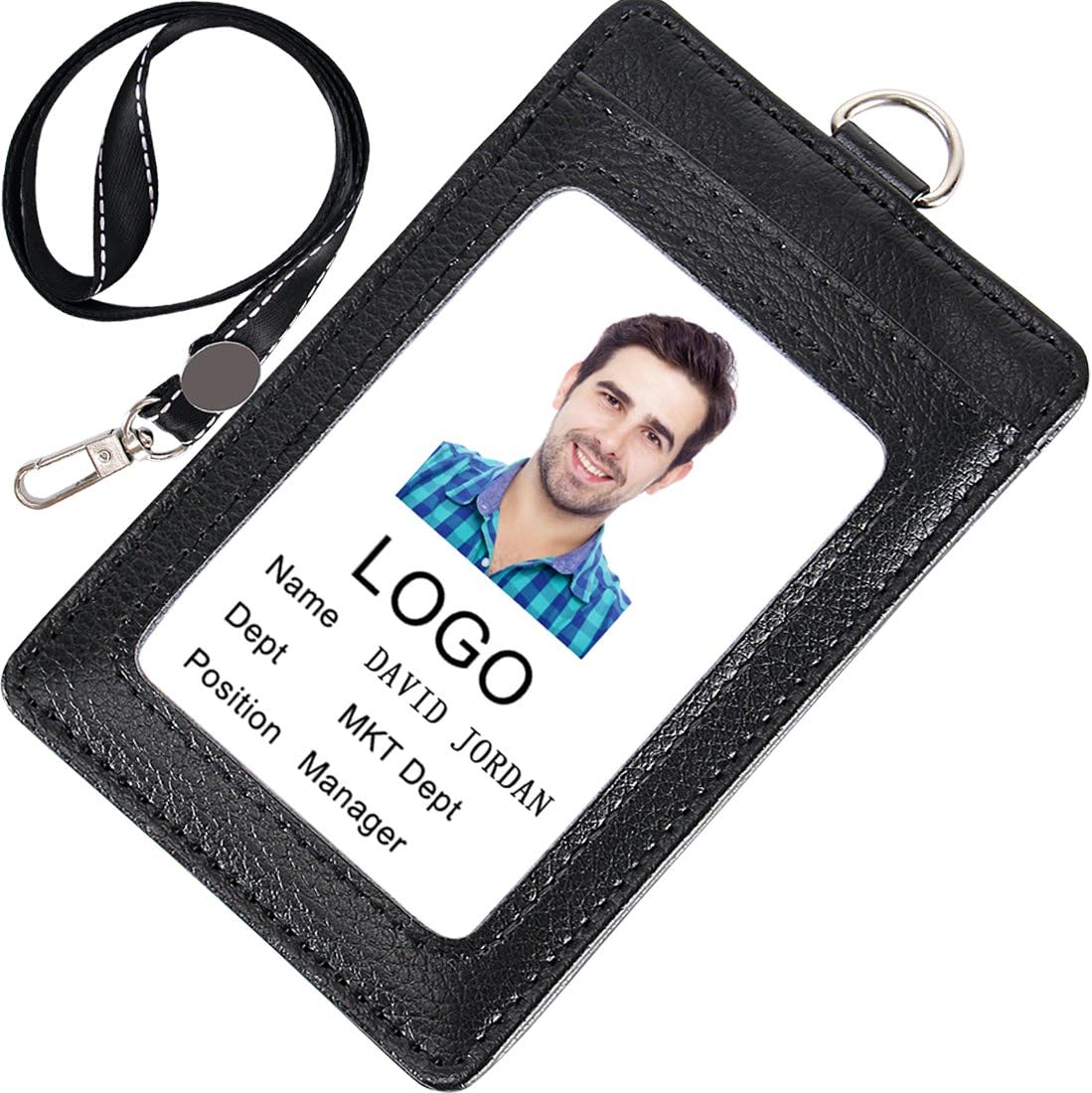 Acctrend Badge Holder, Leather ID Badge with Lanyard-3 Cards Slot-Black (1PACK)