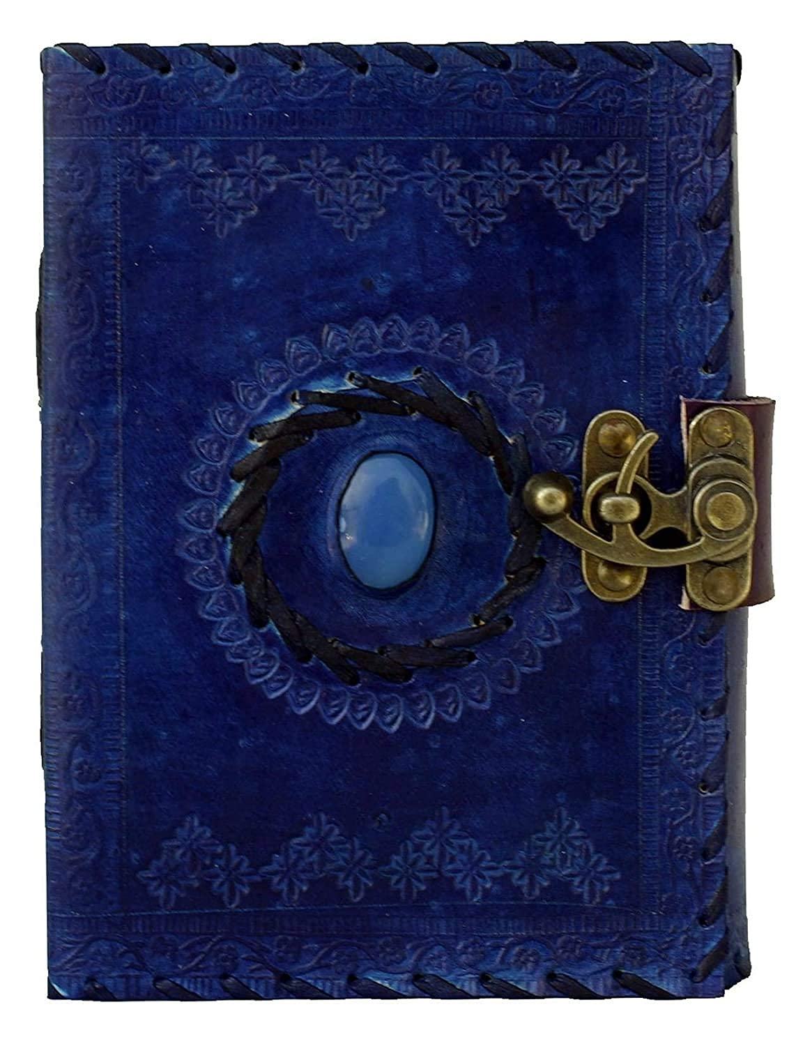 Leather Journal Pure Genuine Real Vintage Leather Handmade to Write Poem Daily Update with Stone Embosses Leather Diaries Metal Lock 5 x 7 blue Color Diary. Paper Notebook Dairy |,
