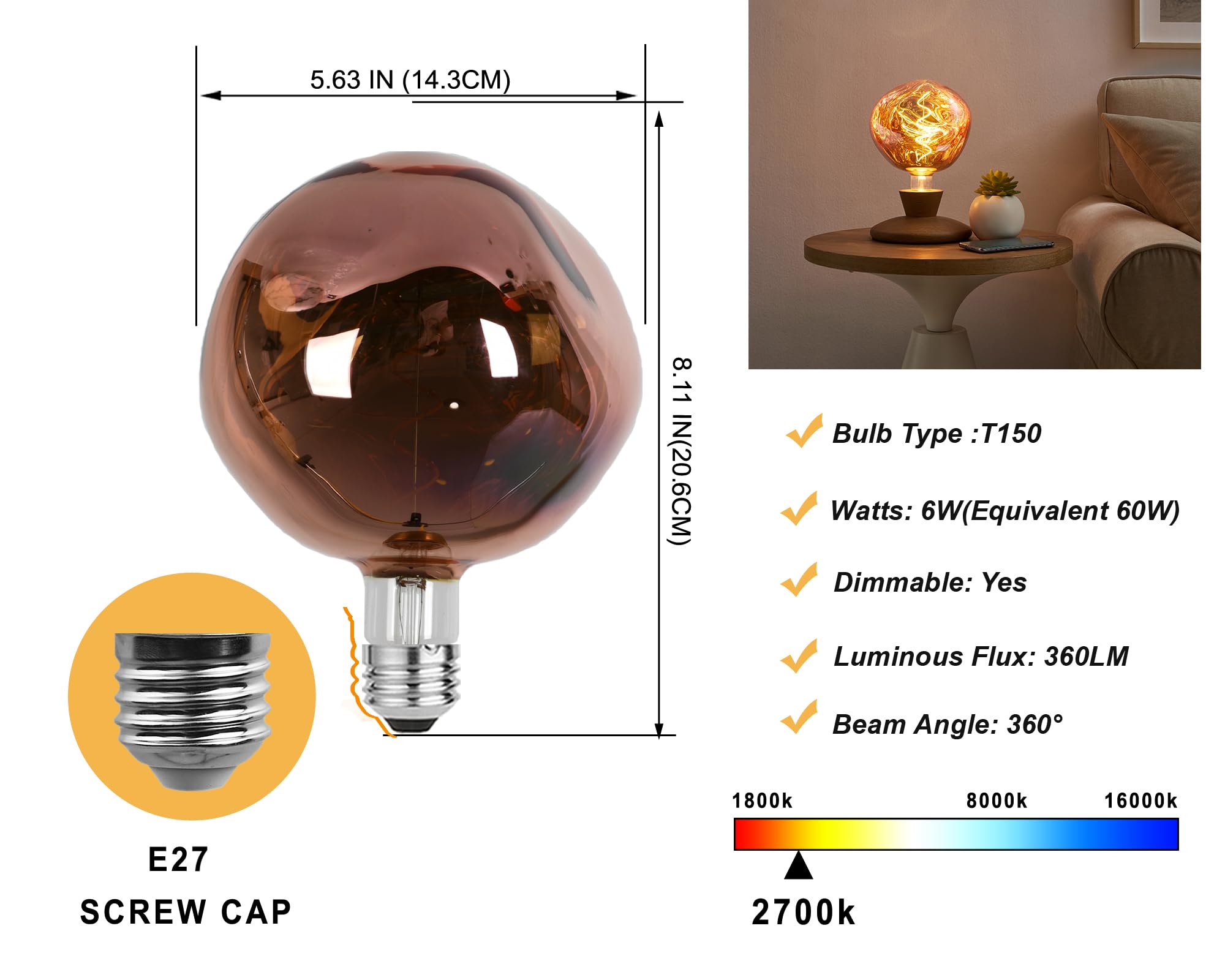 Vanpus Oversized Giant LED Light Bulb,6W Large Edison Bulbs,Dimmable,⌀150mm Stone Shape Warm White 2700K,Rose Gold Medium E27 Base - Image 4